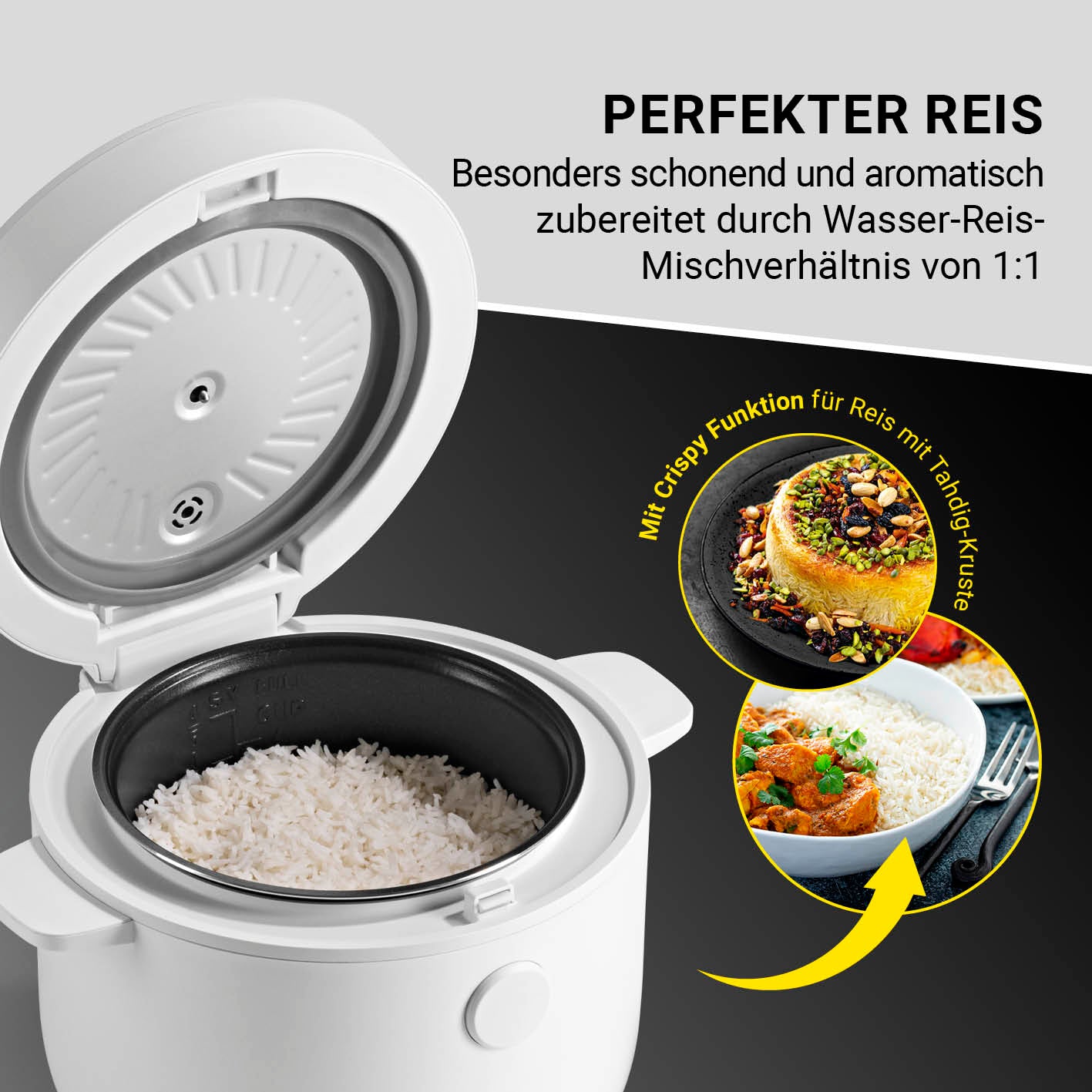 Digitaler Reiskocher mit Antihaftbeschichtung, 5 Kochprogrammen und Crispy-Funktion für perfekten, aromatischen Reis.