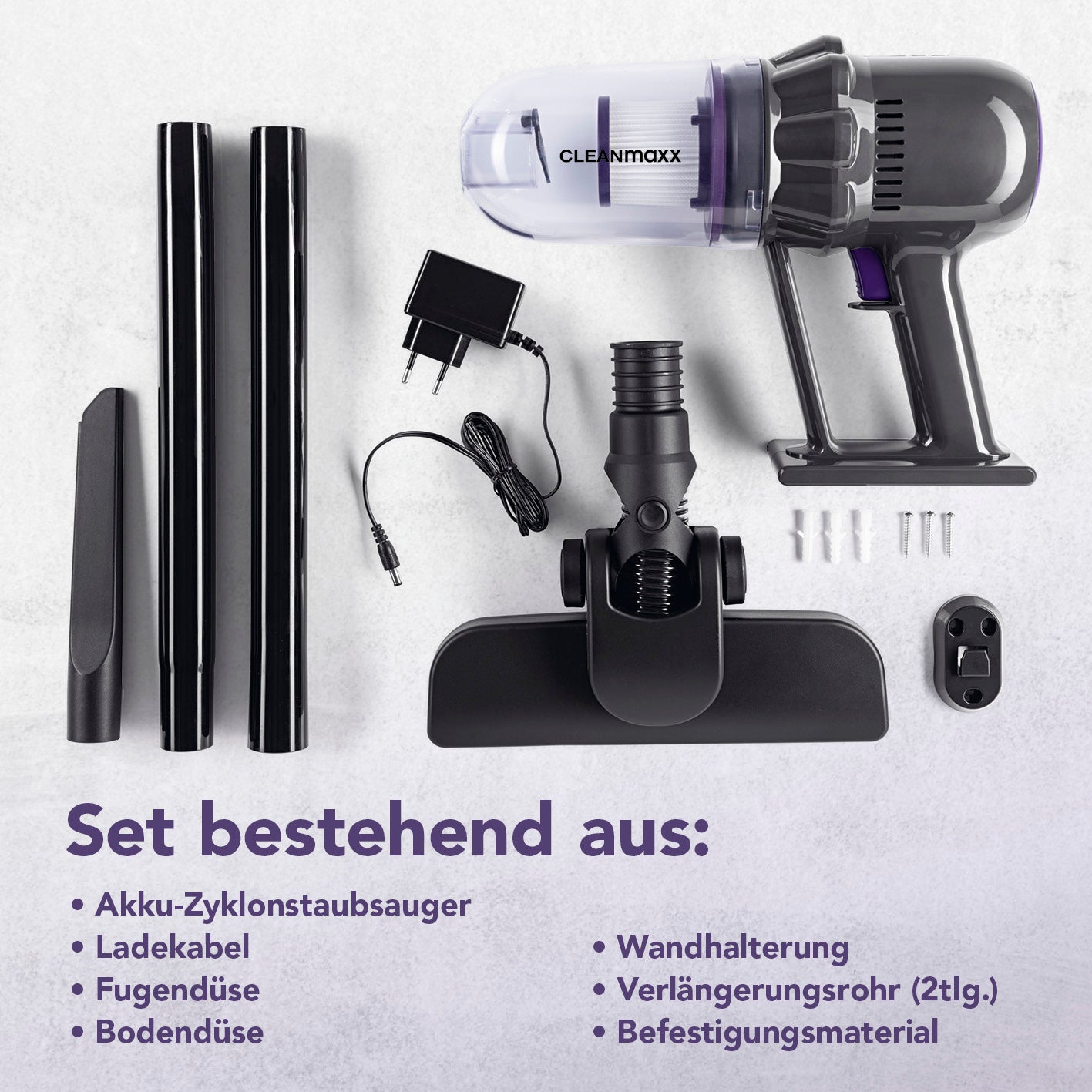 Akku-Staubsauger mit 2in1-Funktion, beutellos, inkl. Verlängerungsrohr, Bodendüse, Fugendüse, Wandhalterung und Ladegerät.