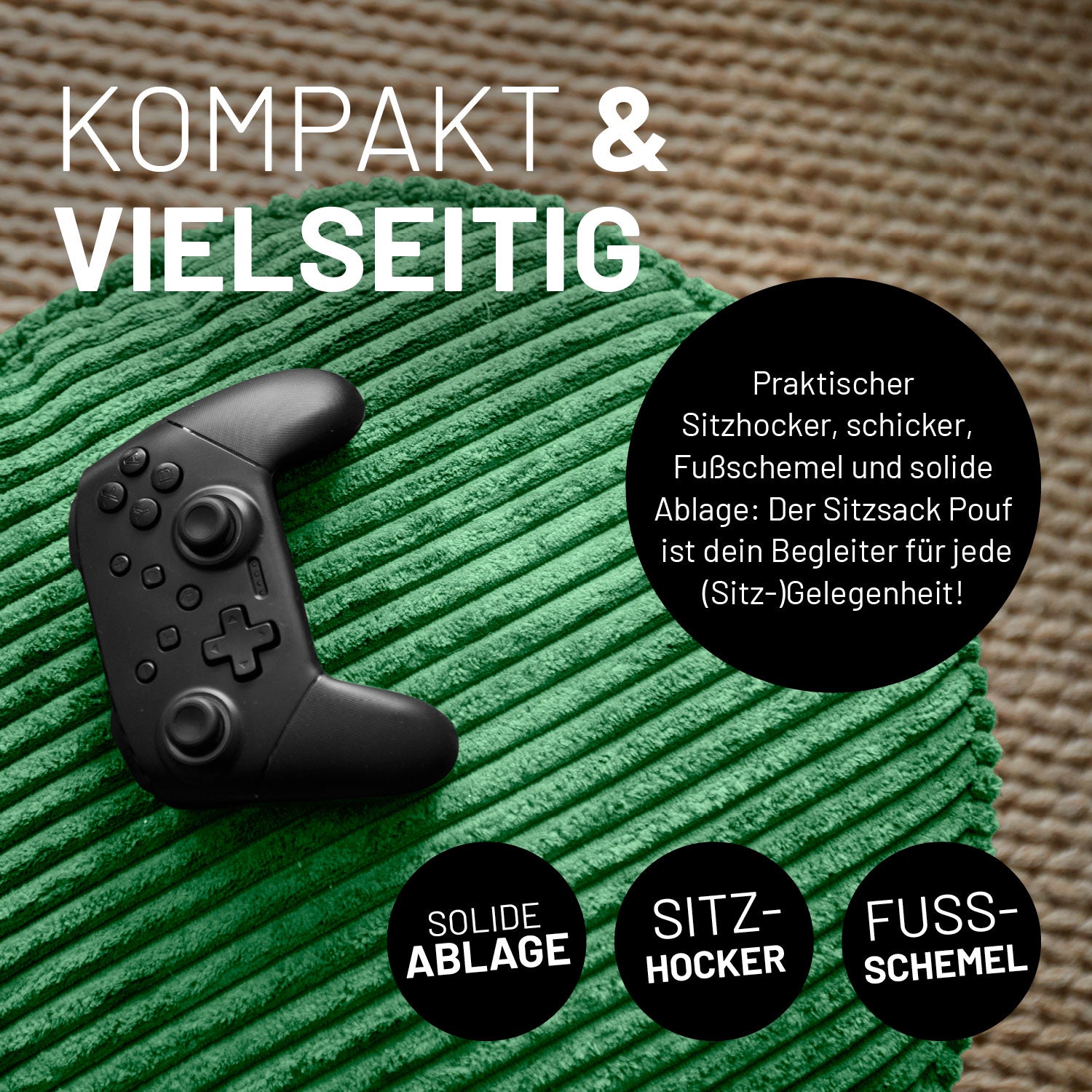 Sitzsack Pouf aus der Cord-Reihe - Dunkelgrün als vielseitiger Sitzhocker, Fußschemel und Ablage mit stylischem Cordbezug.