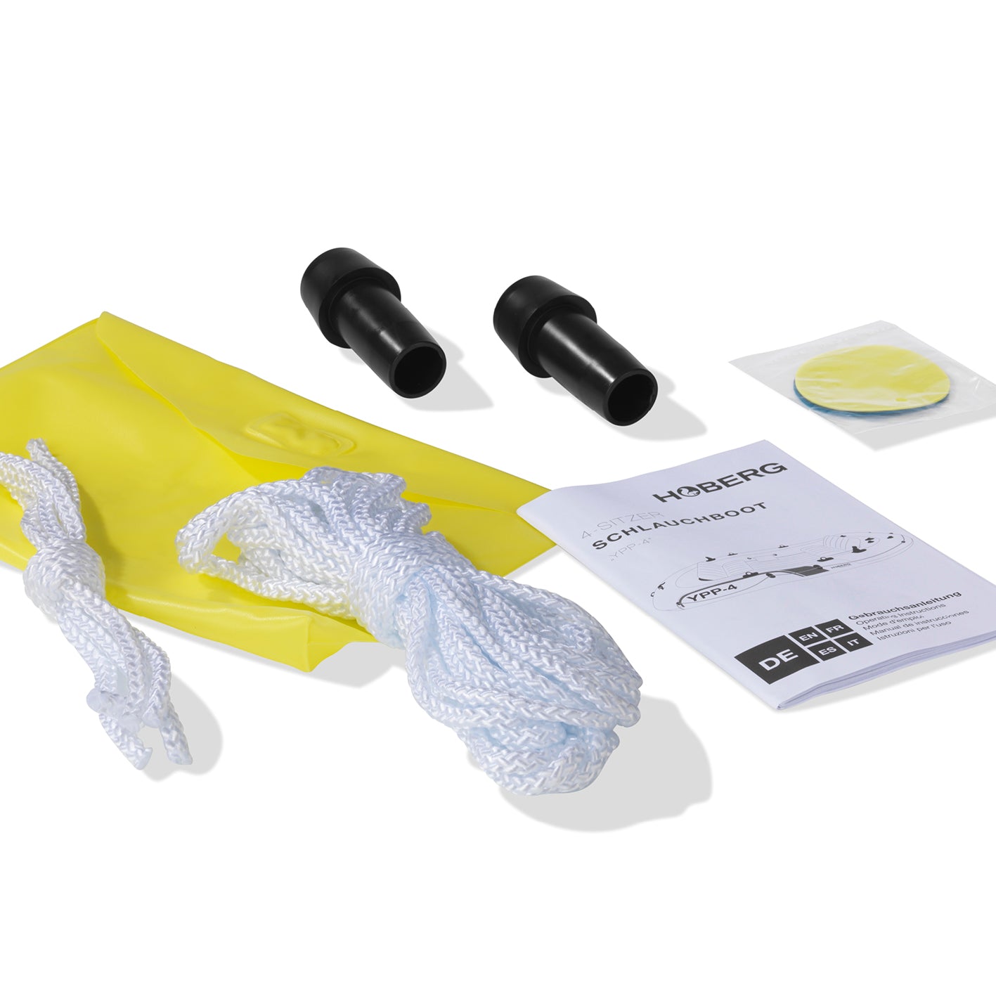 Zubehör des 4-Sitzer Schlauchboot "YPP-4" mit Reparatur-Kit, Seilen, Ventilaufsätzen und Bedienungsanleitung für einfache Wartung.