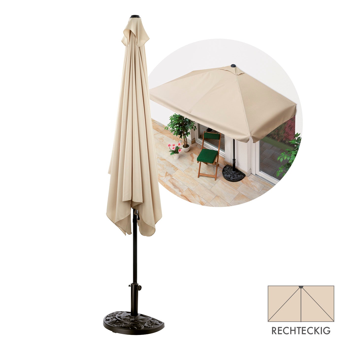 Sonnenschirm mit UV-Schutz mit Sonnenschirmfuß - rechteckig 230 x 140 cm - beige, handkurbel, halbrunder gussoptik Fuß.