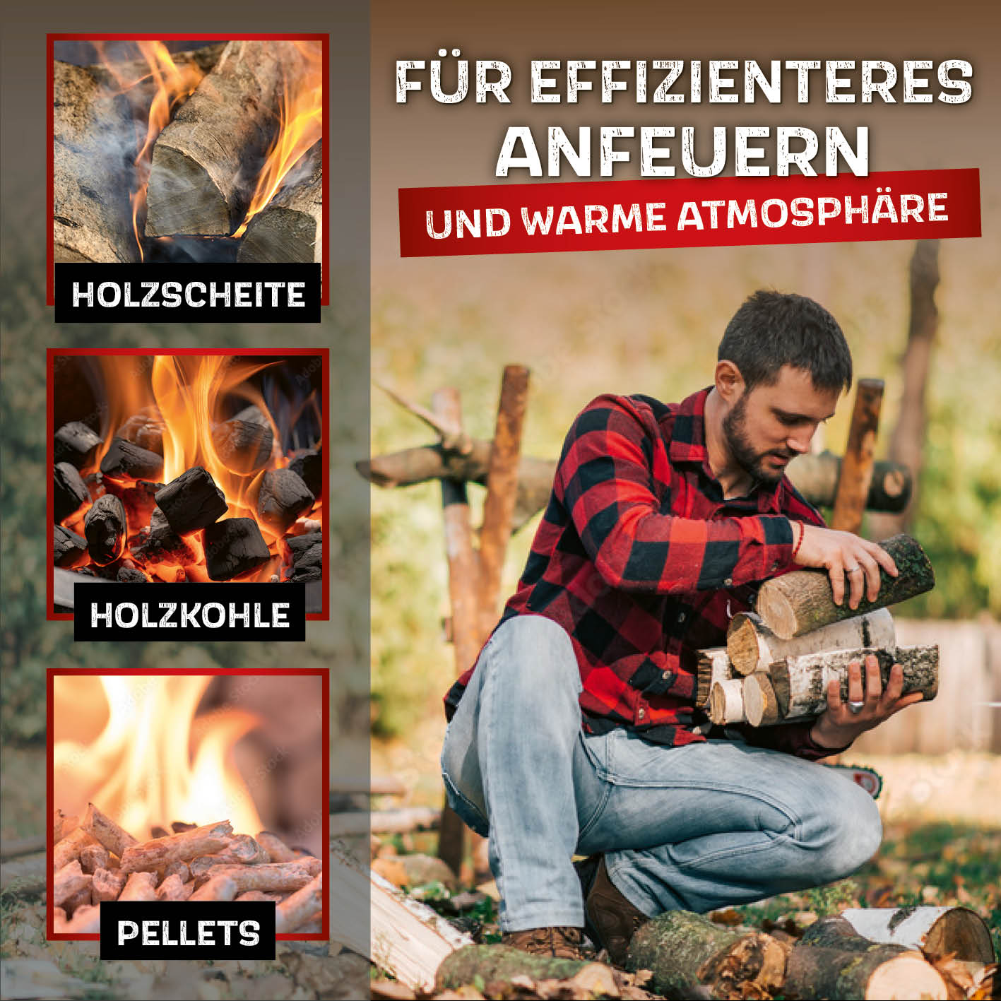 Raucharmer Feuerkorb Ø 50 cm - rund - schwarz mit Holzscheiten, Holzkohle und Pellets für effizientes Anfeuern und warme Atmosphäre.