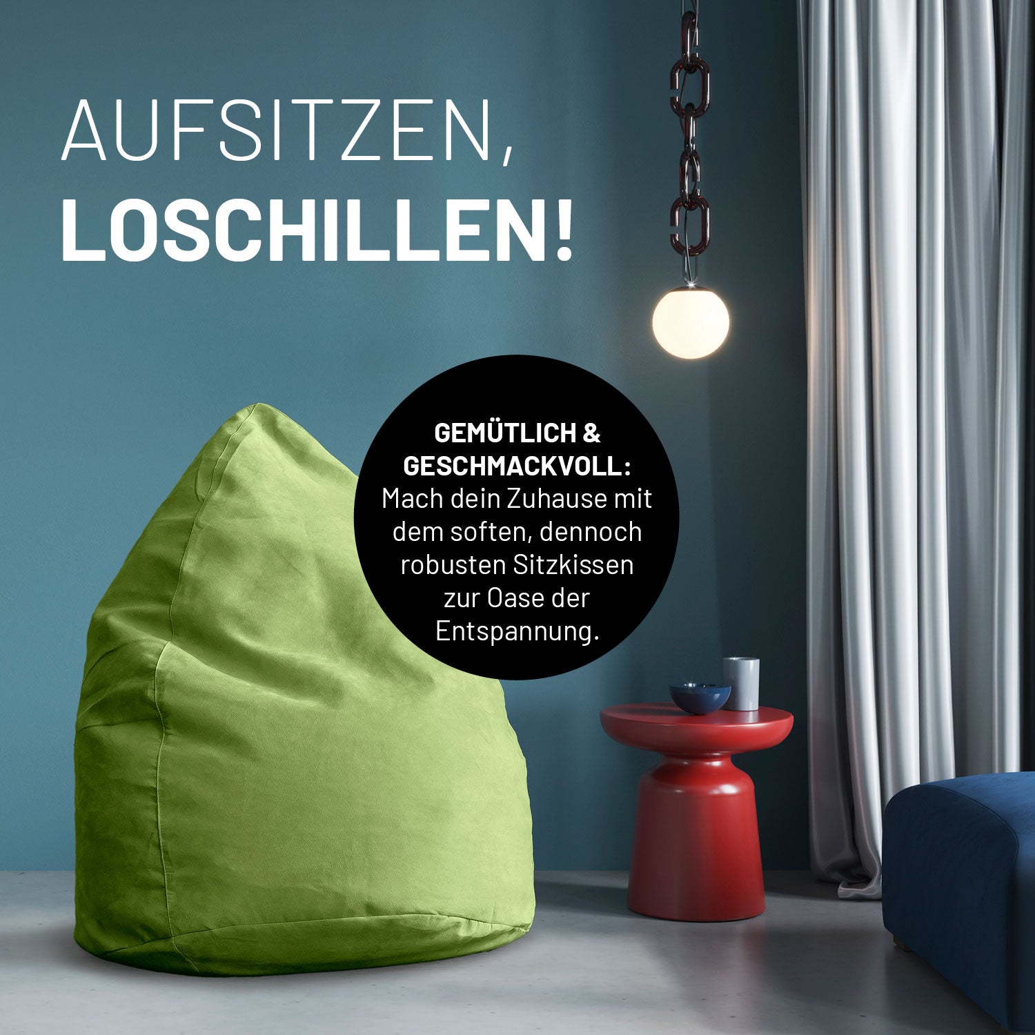 Luxuriöser XL Sitzsack (120 L) in Grün von Lumaland, ideal zum Entspannen und Chillen in modernen Wohnräumen.