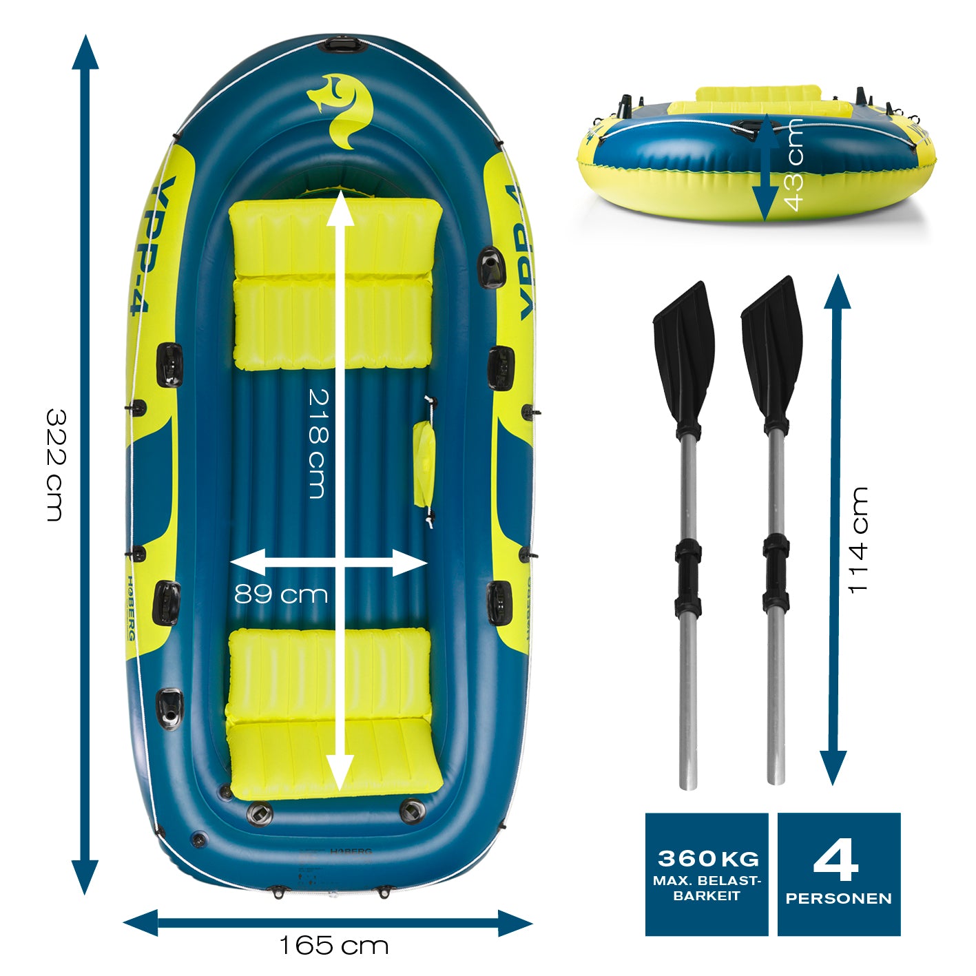 4-Sitzer Schlauchboot "YPP-4" aufblasbar für 4 Personen, max. 360 kg, inkl. 2 Sitzbänken, Ruder und Zubehör.