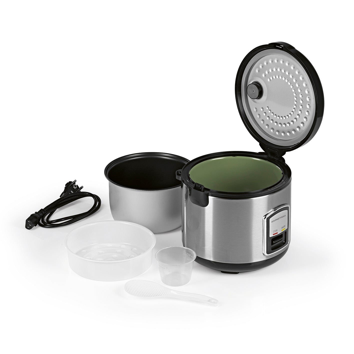 Reiskocher mit Gartopf inkl. Dampfkorb/Reislöffel/Messbecher, Edelstahl, antihaftbeschichteter Innentopf, praktische Dampffunktion, Warmhaltefunktion