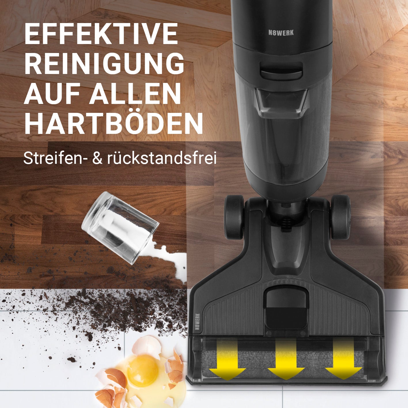 Saugwischer Smart Clean 3in1 effektiv reinigt alle Hartböden streifenfrei und rückstandslos mit Universal-Bodenreiniger 500ml