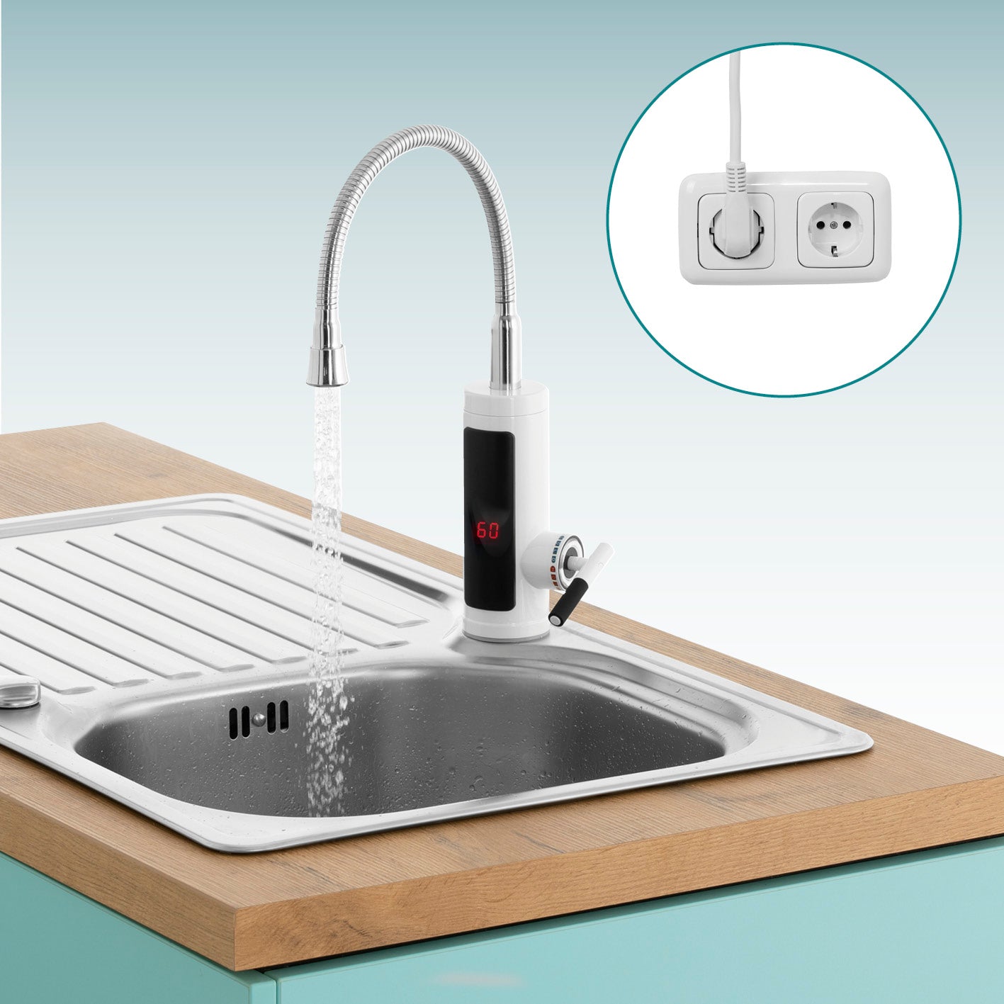 Warm- & Kaltwasserarmatur mit Durchlauferhitzer, LED-Temperaturanzeige, einfache Steckdosenmontage, sofort warmes Wasser bis 60 °C.