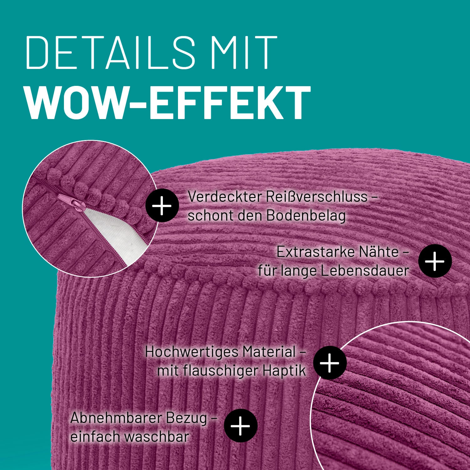 Sitzsack Pouf aus der Cord-Reihe - Weinrot mit verdecktem Reißverschluss, abnehmbarem Bezug und extra starken Nähten in Cord-Optik.