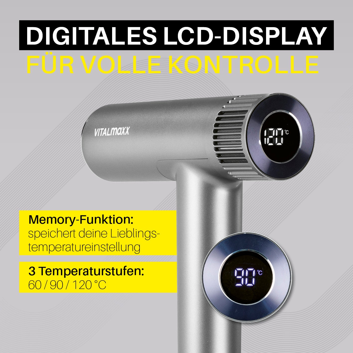 Slim Hairdryer mit digitalem LCD-Display, 3 Temperaturstufen und Memory-Funktion für präzise und komfortable Haartrocknung.