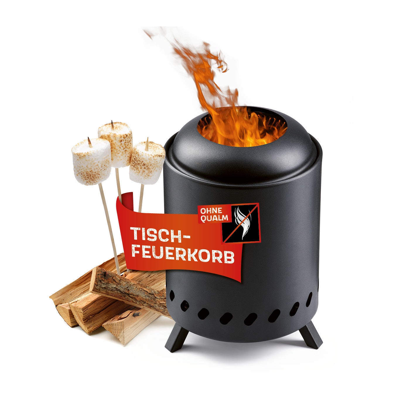 Feuerkorb raucharm - Ø 18 cm - Schwarz, kompakter, pulverbeschichteter Stahl mit minimaler Rauchentwicklung, ideal für Garten und Camping.