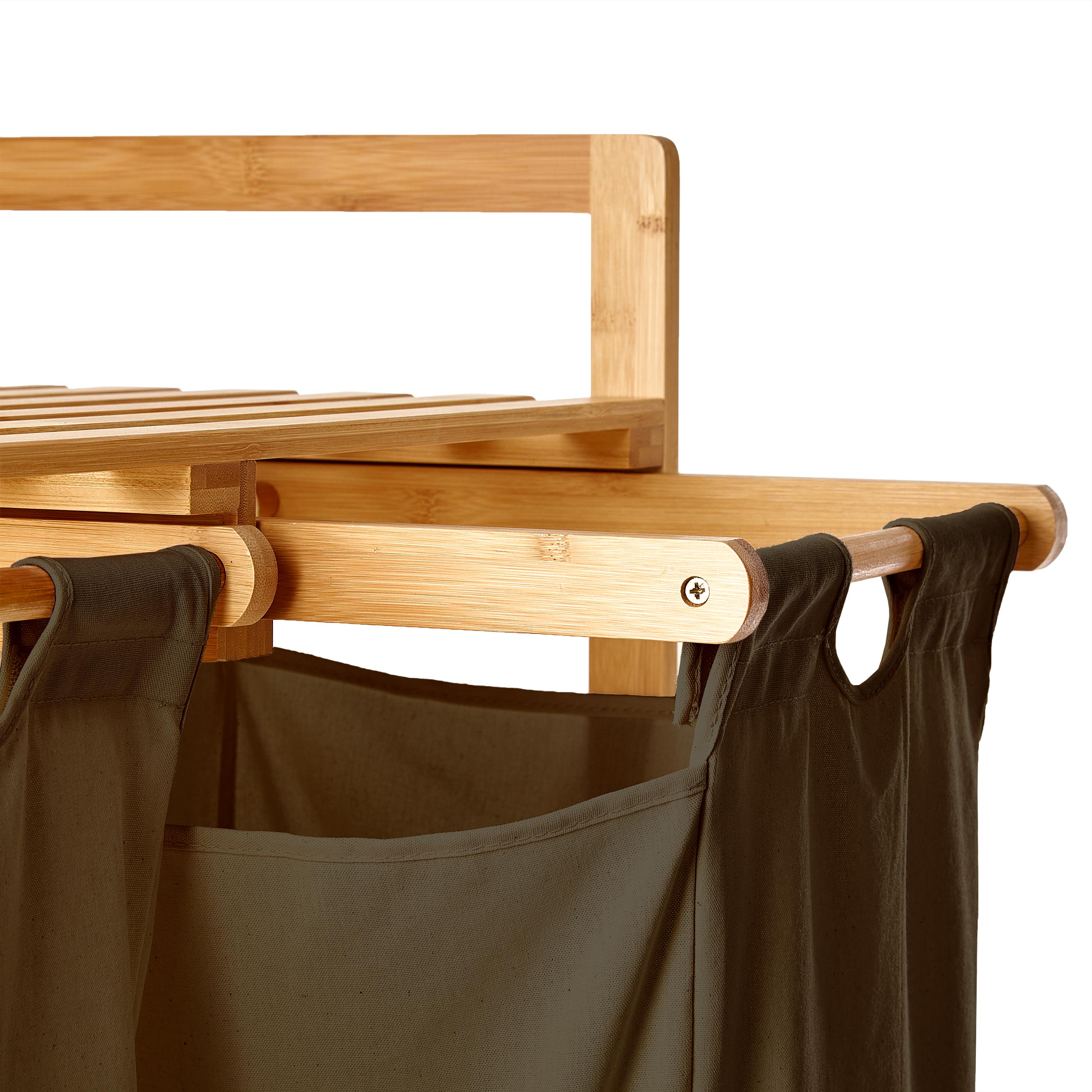 Bambus Wäschekorb mit 2 ausziehbaren Wäschesacken - 73 x 64 x 33 cm - Oliv, stilvoll und funktional für einfaches Wäschesortieren.