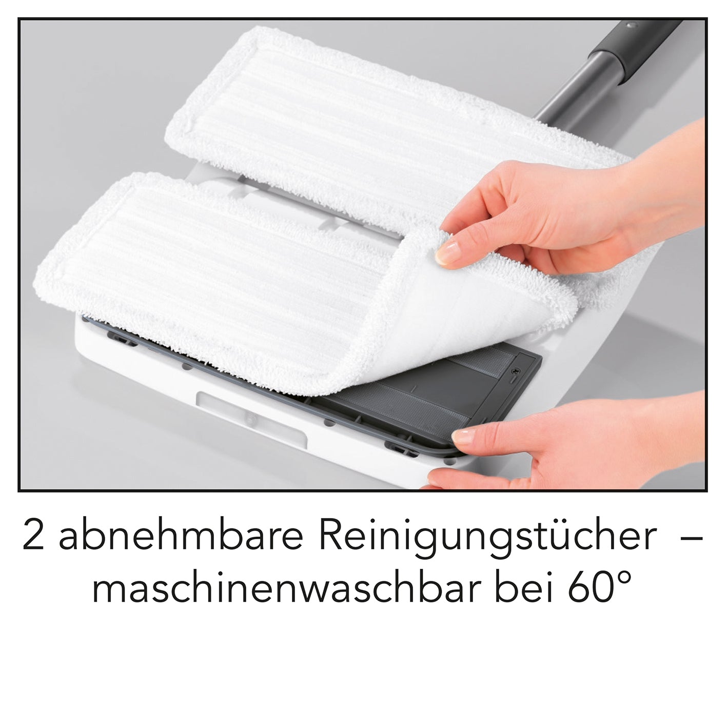 Akku-Vibrationsmopp mit Sprühfunktion - grau mit 2 abnehmbaren, maschinenwaschbaren Reinigungstüchern für einfache Bodenreinigung.