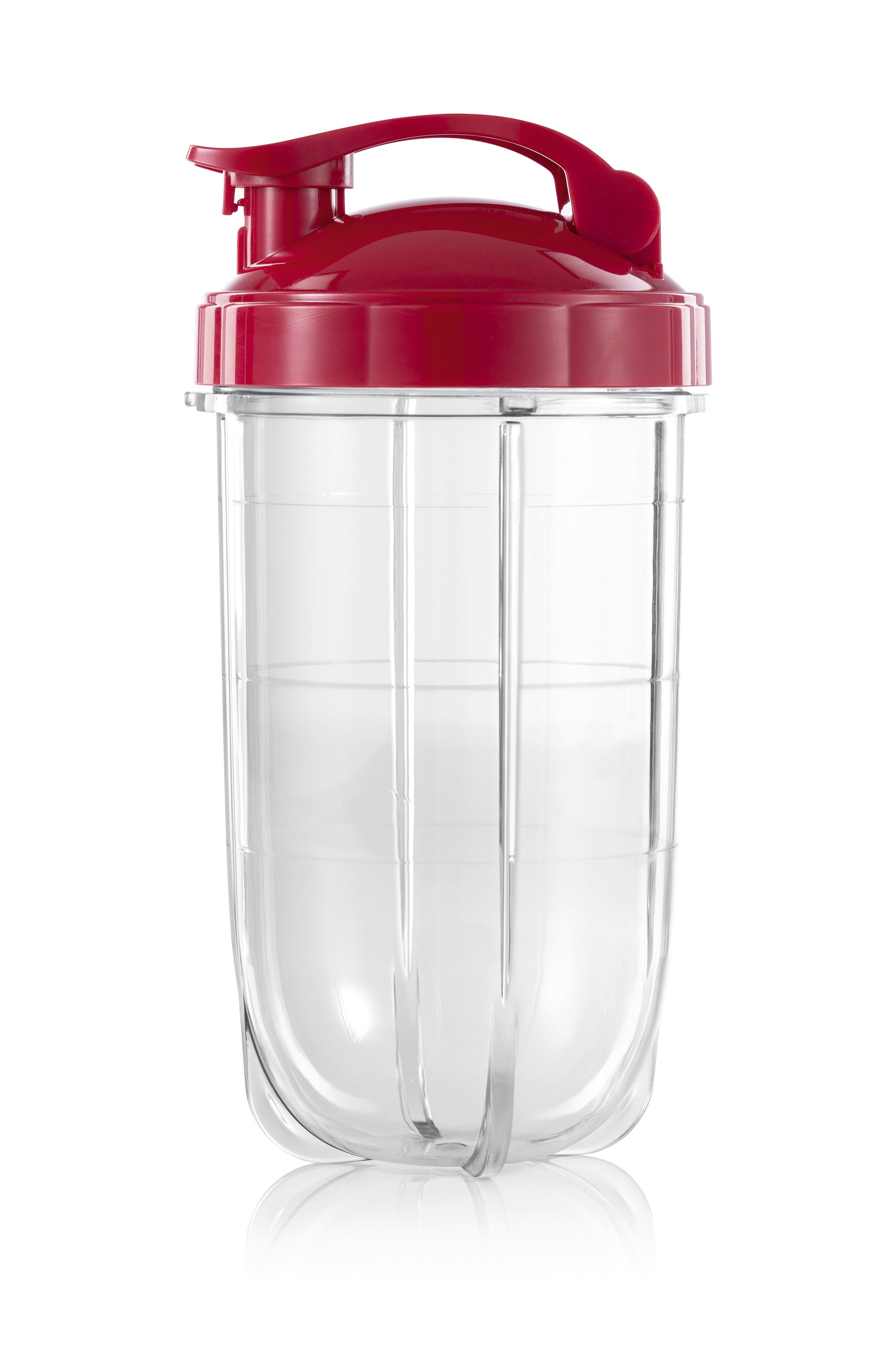 Zwei Becher mit rotem Deckel aus dem Zubehörset L für Mr. Magic Power 400 Pro - Rot, perfekt für Smoothies und Shakes.