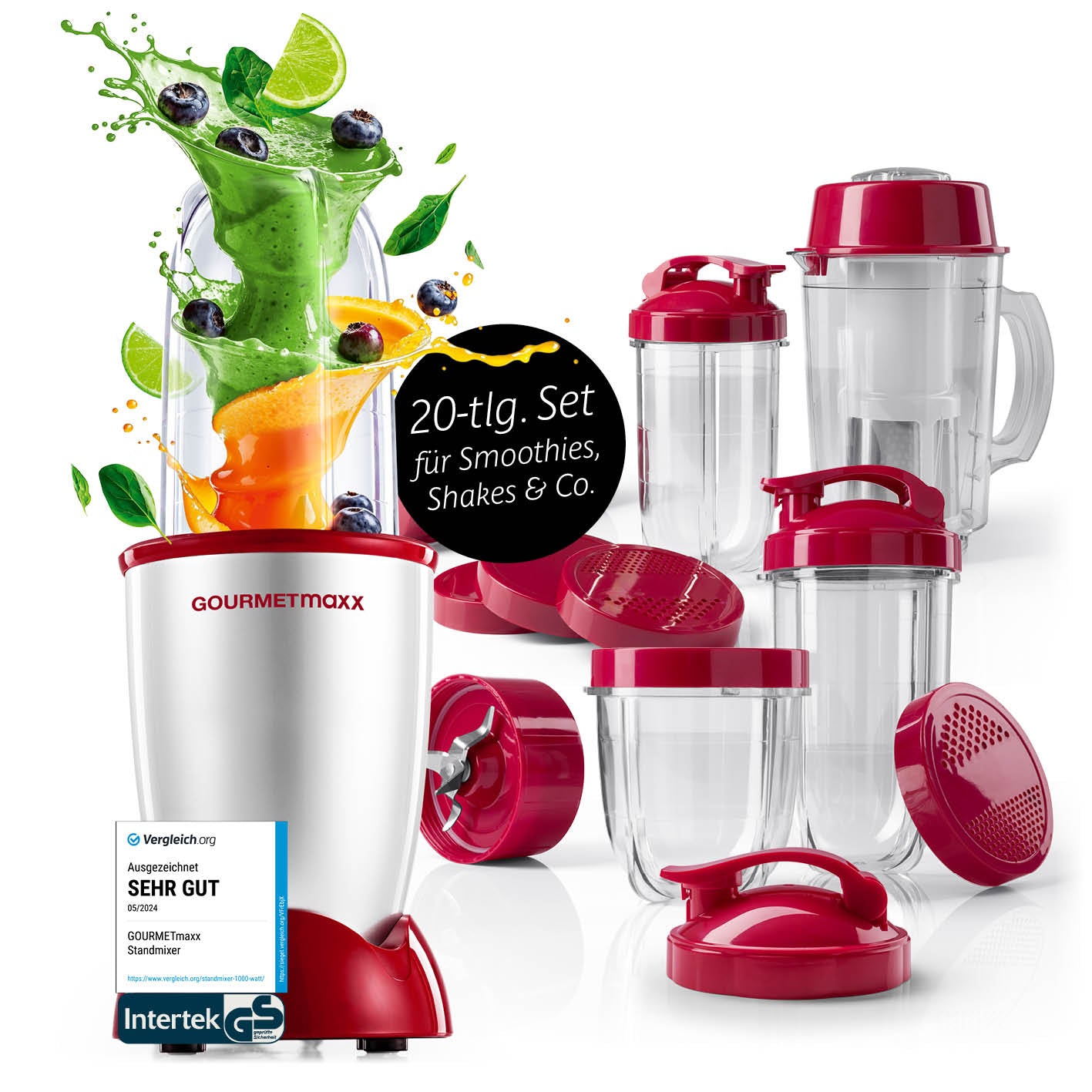Mr. Magic Power 400 Pro mit Zubehörset XL - Silber/Rot kompakter Standmixer mit umfangreichem Zubehör für smoothies, shakes und mehr.