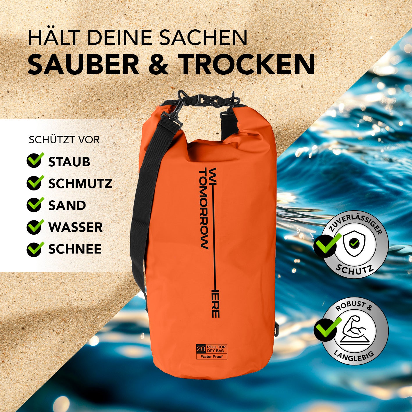 Dry Bag 20L - Style 02 - Orange, wasserdichter, robuster Outdoor-Rucksack mit Rolltop-Verschluss für sicheren Schutz vor Wasser, Sand und Schmutz.