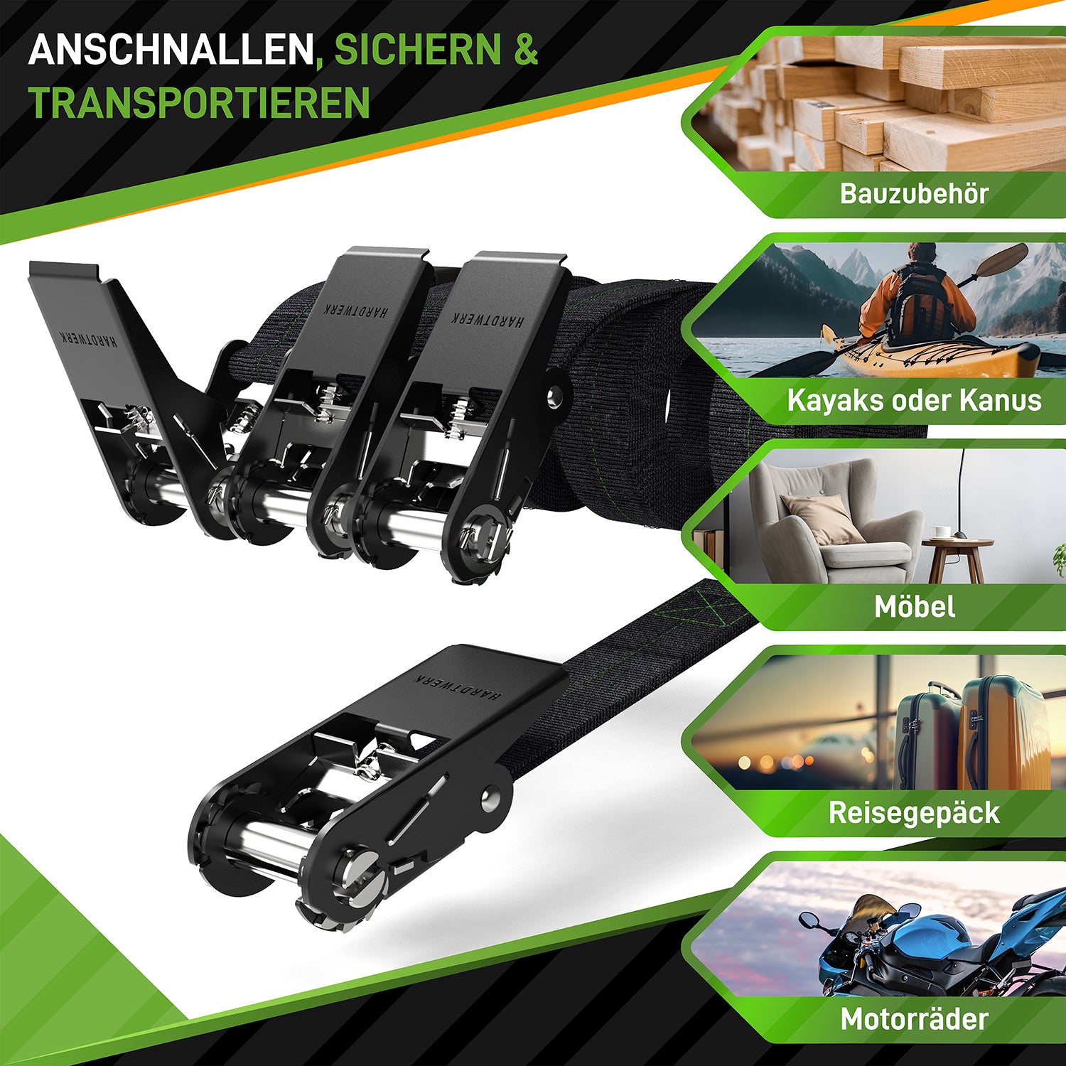 Spanngurte mit Ratschen - 4er-Set - Schwarz zur sicheren Befestigung von Möbeln, Reisgepäck, Motorrädern, Kayaks und Bauzubehör.