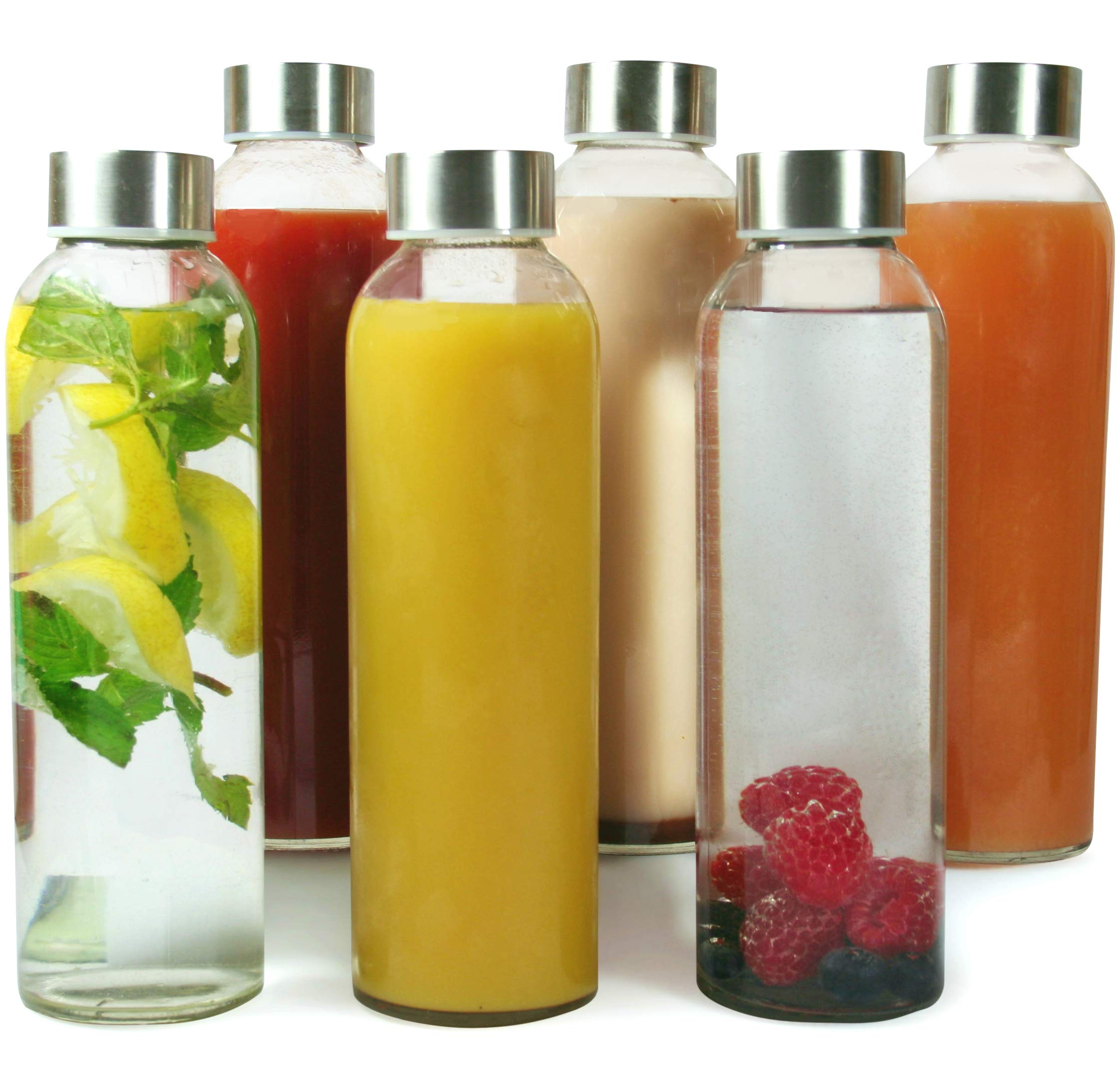 Glasflaschen-Set - 6 Stück à 500 ml, robuste Kalk-Natron-Glasflaschen mit Edelstahldeckel, ideal für heiße und kalte Getränke.
