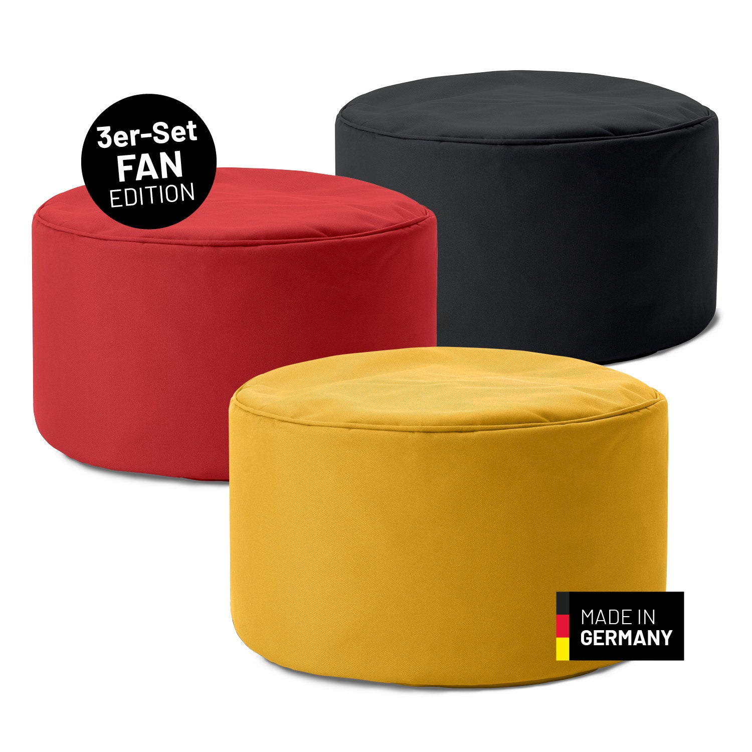 EM 2024 3er Deutschland-Set mit robusten Pouf-Sitzsäcken in Schwarz, Rot und Gelb, ideal für Indoor und Outdoor in Fan Edition von Lumaland.