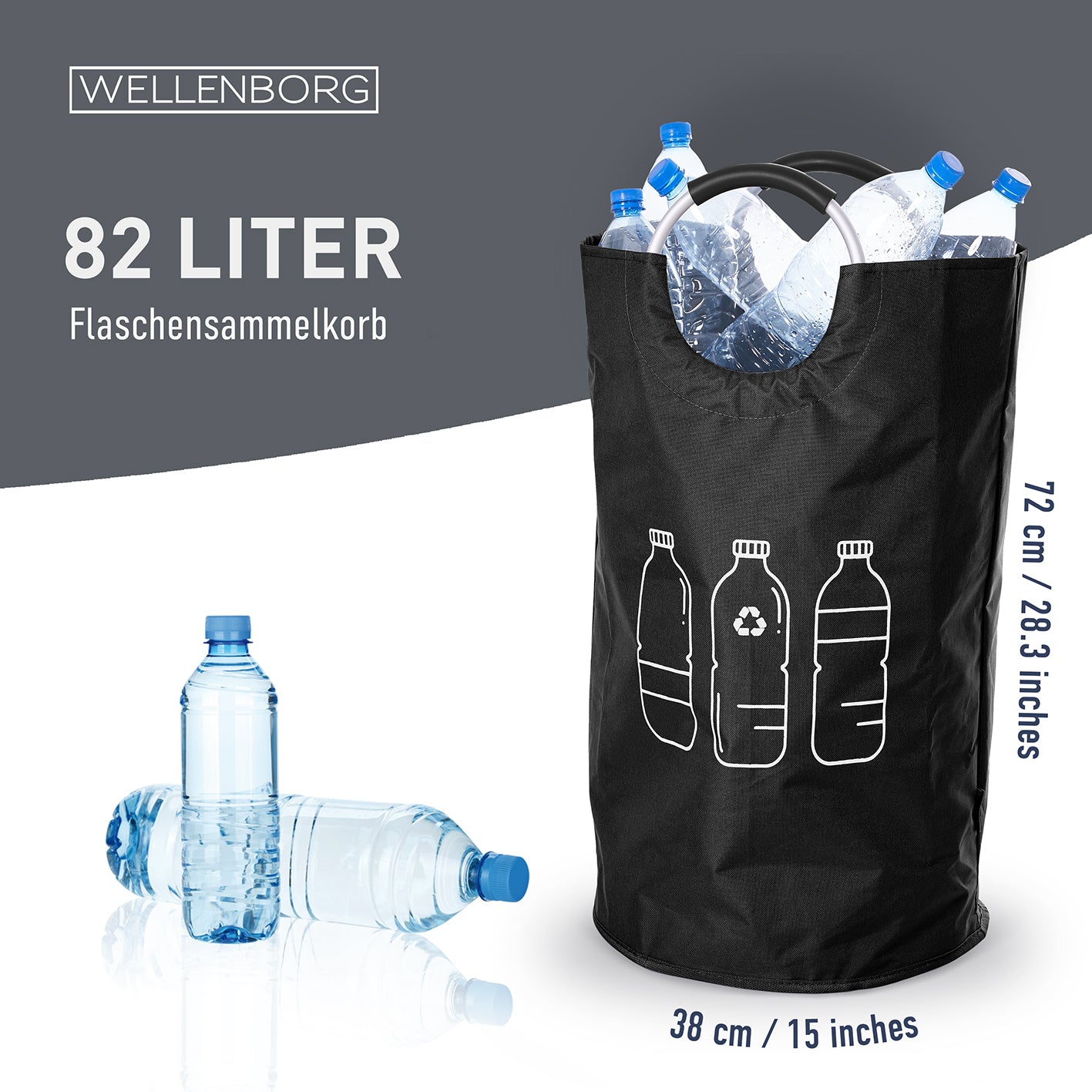 Faltbarer Pfandflaschen Sammelbehälter - Grau, 82 Liter Fassungsvermögen, wasserabweisend, robust mit zwei Henkeln zum einfachen Transportieren.