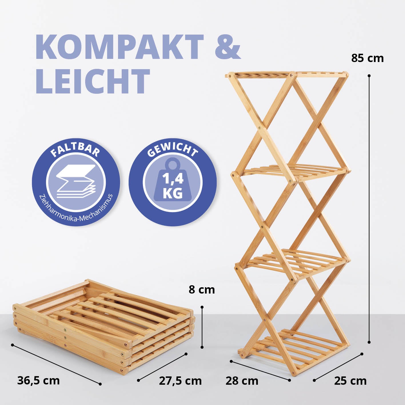 Bambusregal mit 4 Etagen, faltbar, leicht 1,4 kg, kompakt und platzsparend, ideal für Bad, Küche und Büro von Lumaland.