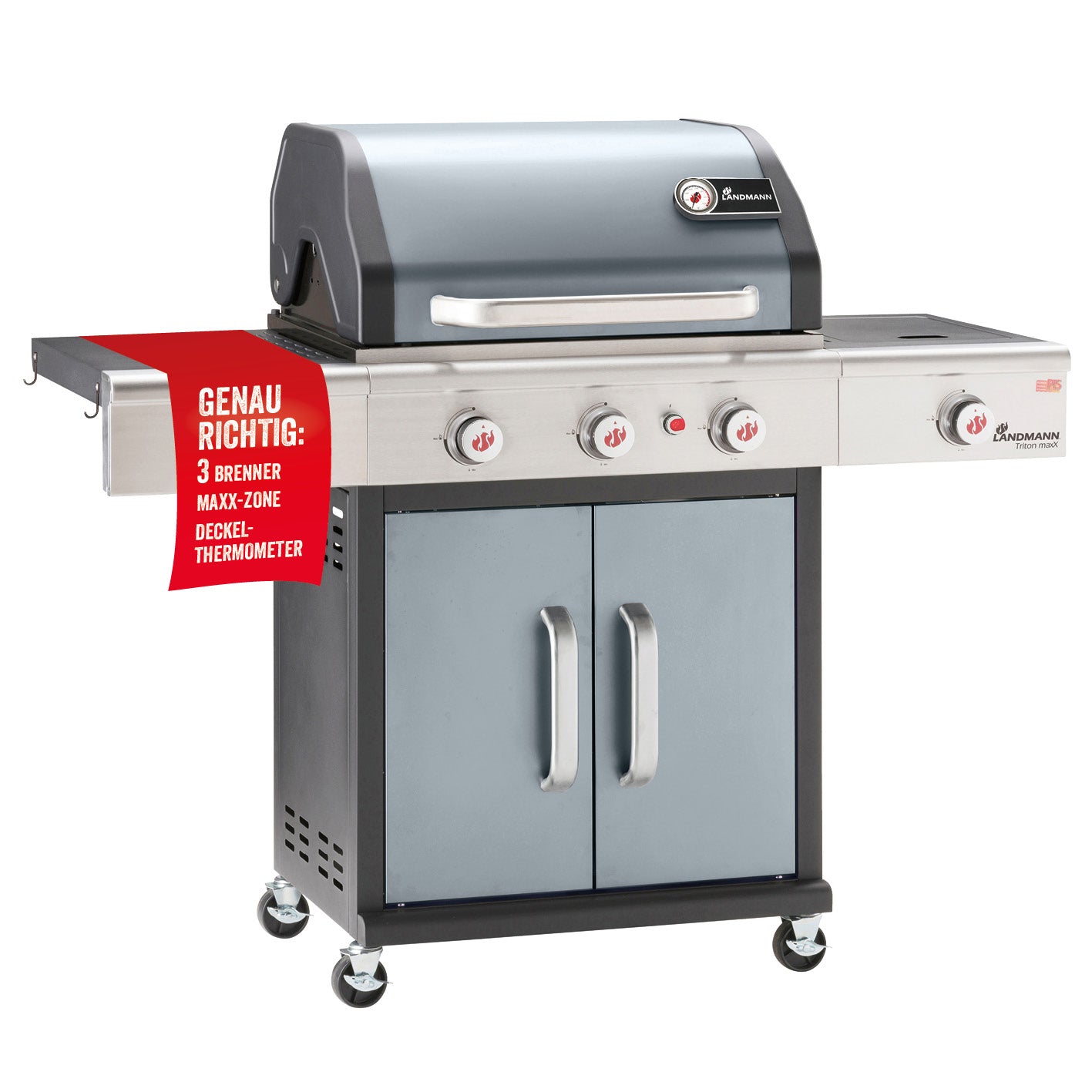 Triton 3.1 maxX Gasgrill mit Infrarotseitenbrenner und 3 Edelstahlbrennern, Warmhalterost und Thermometer im doppelwandigen Deckel.
