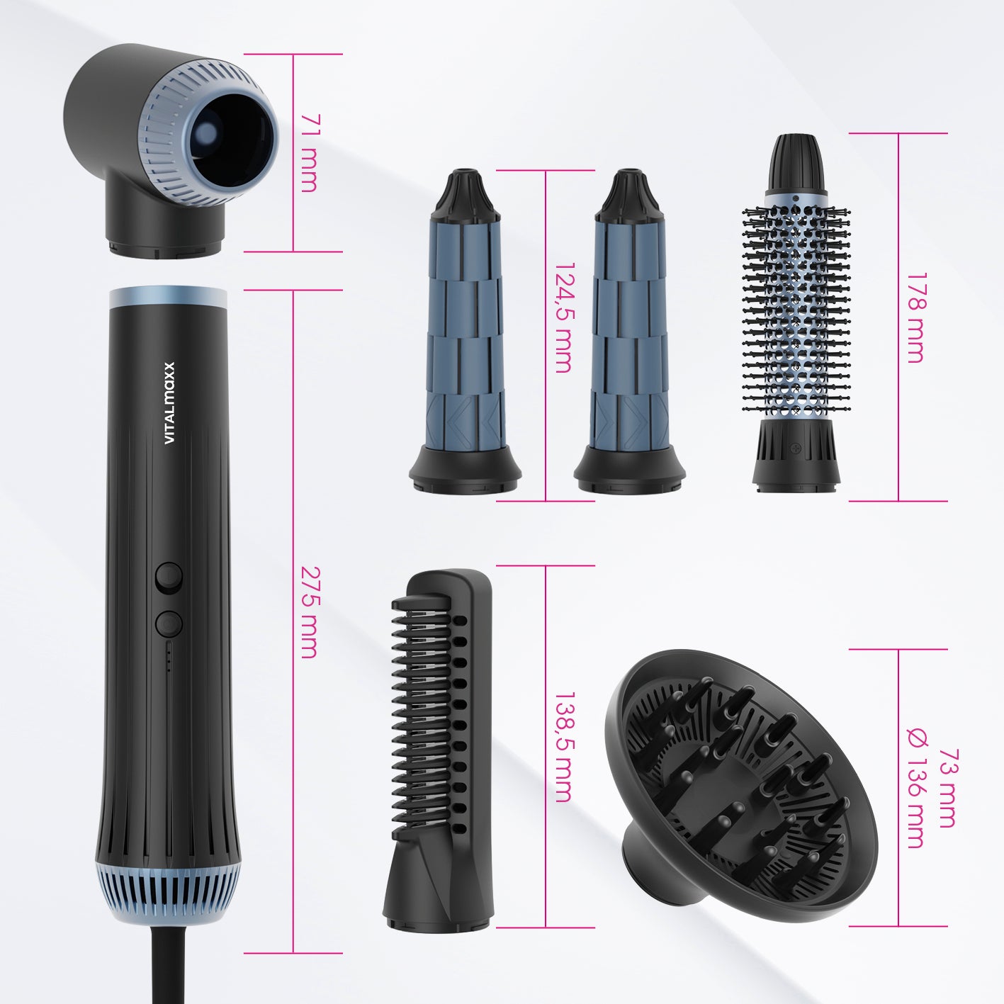 Air Styler Plus - 7-tlg. Set mit 6 Aufsätzen für vielseitiges Trocknen, Stylen, Locken kreieren und Volumen, kompakt und leistungsstark.