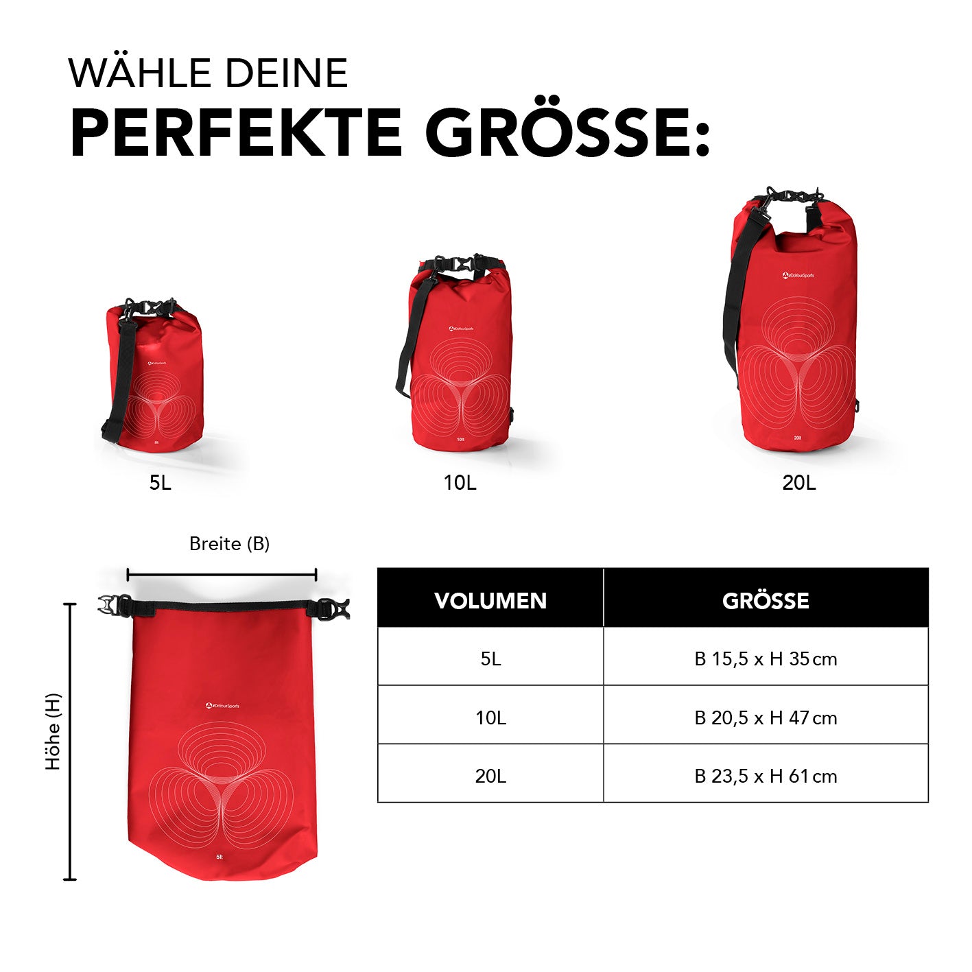 Dry Bag 10L - Rot, wasserdichter und robuster Outdoor-Rucksack mit verstellbarem Schultergurt und Rolltop-Verschluss.