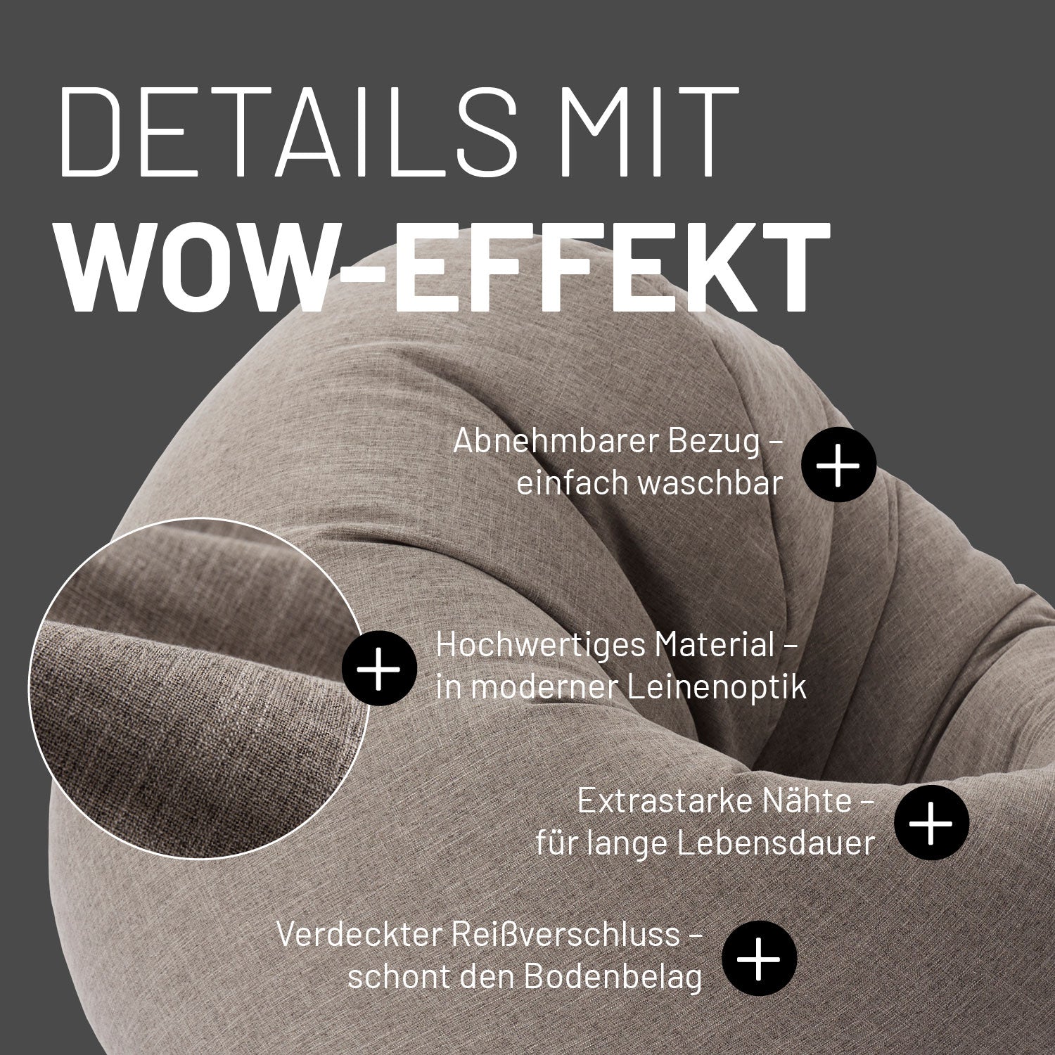 Sitzsack Interior Line (300 L) Hellgrau mit abnehmbarem Bezug, hochwertigem Leinenmaterial und extrastarken Nähten für langlebigen Sitzkomfort.