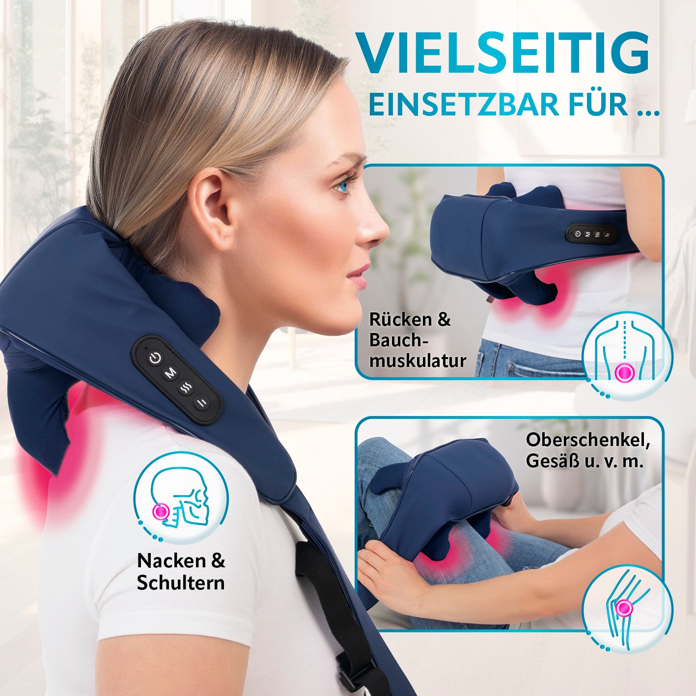 Shiatsu-Massagegerät für Nacken, Schultern, Rücken, Bauch, Oberschenkel und Gesäß mit Wärmefunktion und 6D-Massageköpfen.