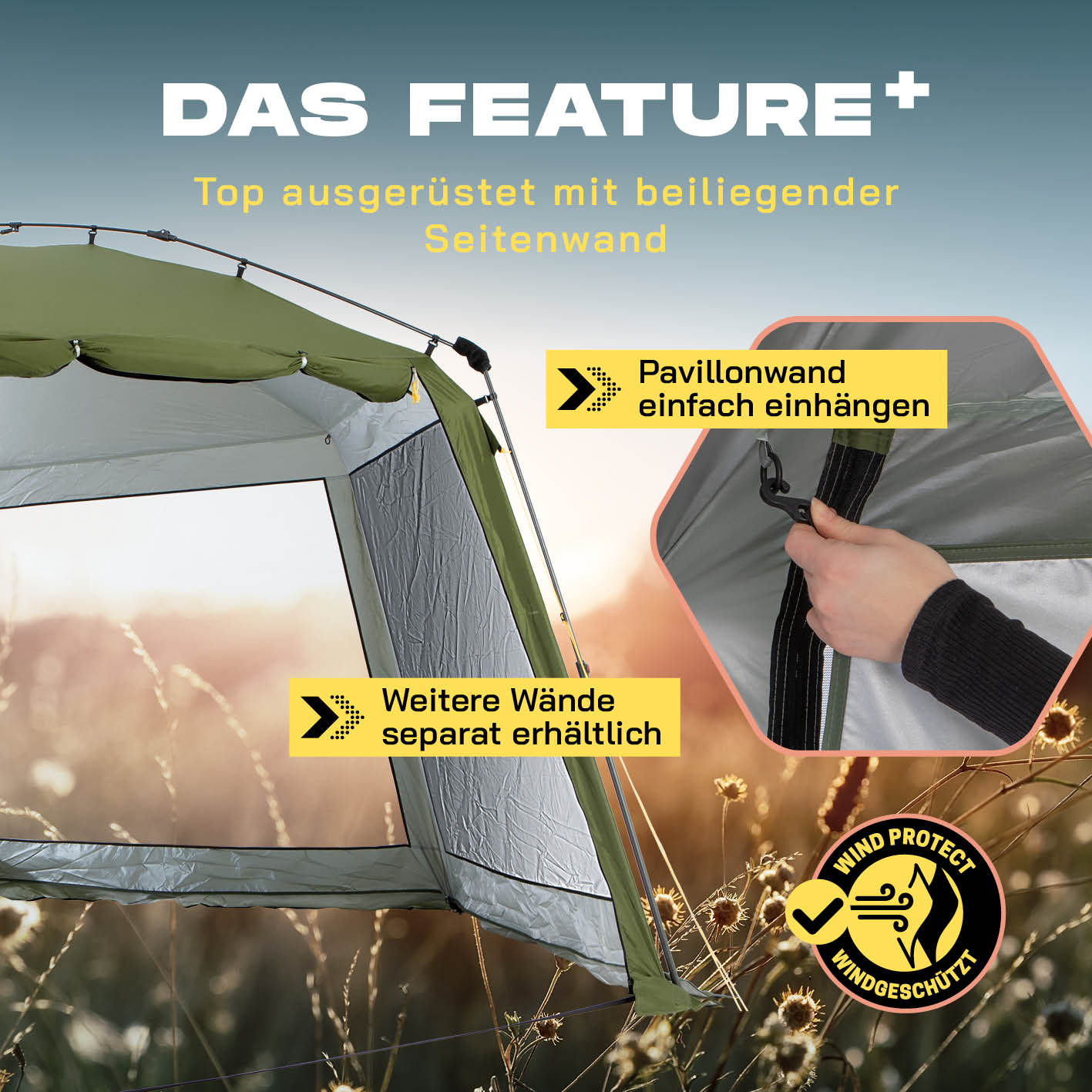 Pop-up-Pavillon Seitenwand - Grün mit einfacher Montage, windgeschützt und separat erhältlichen weiteren Wänden aus robustem Material.