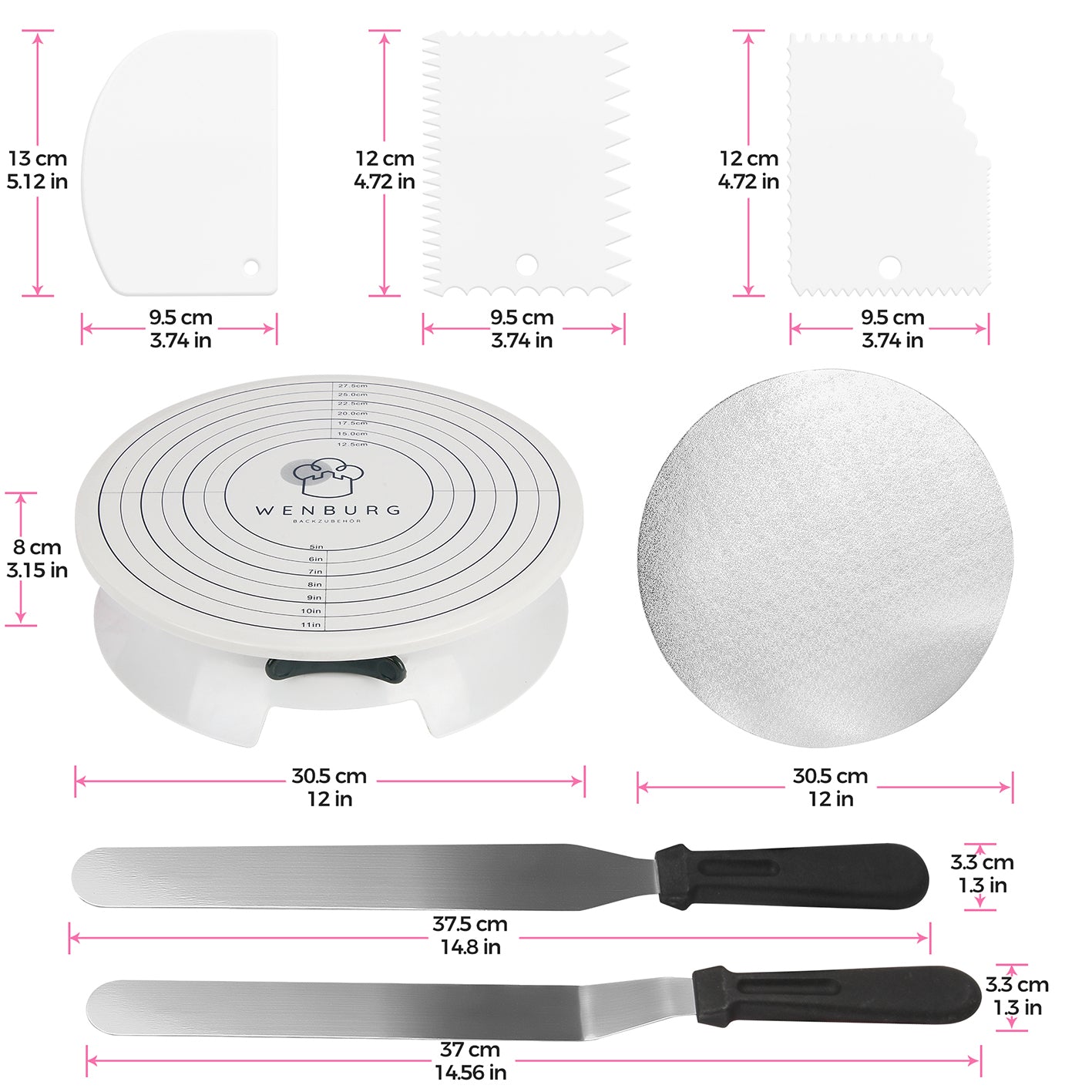 Tortendeko-Set mit drehbarer Tortenplatte inkl. Schaber, Winkelpaletten, Drehscheibe und Tortenunterlage mit Maßen.