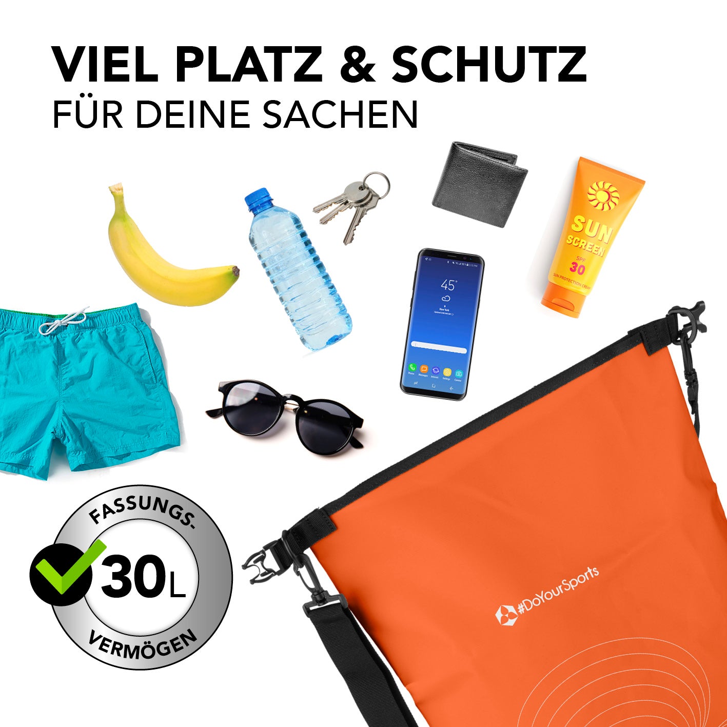Dry Bag 30L - Orange wasserdichter Rucksack mit UV-Schutz, Rolltop-Verschluss und großem Platz für Outdoor-Abenteuer.