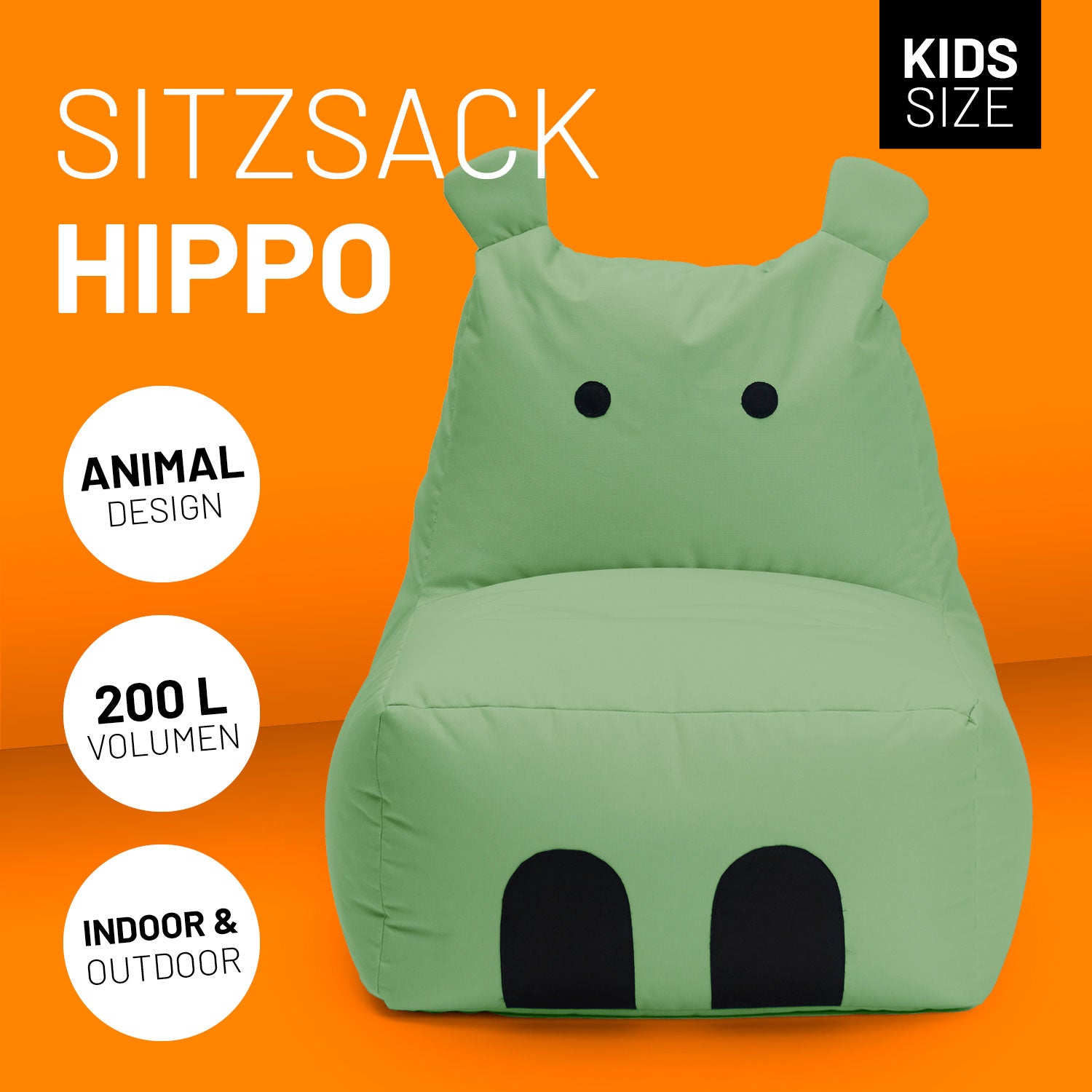 Kindersitzsack Animal Line Hippo (200 L) in Pastell Grün, kuschelig, wasserabweisend, für indoor & outdoor, kindgerecht gestaltet.