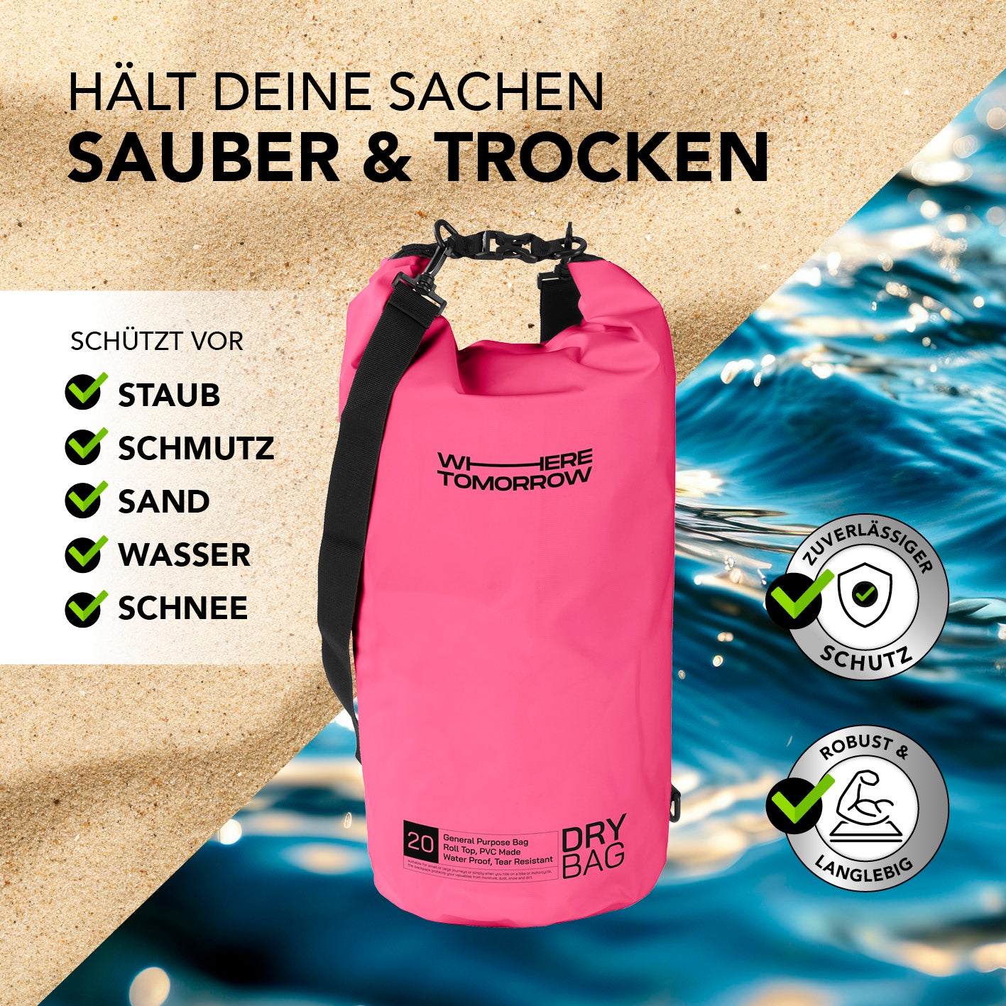 Dry Bag 20L - Style 01 - Pink, wasserdichter, robuster Rucksack schützt vor Staub, Schmutz, Sand, Wasser und Schnee, ideal für Outdoor-Abenteuer.