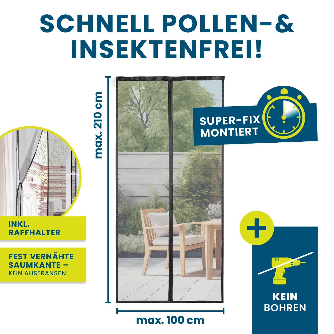 Insekten- & Pollenschutzvorhang - 100 x 210 cm mit selbstklebendem Klettband, 14 Magnetbändern, pollen- und insektenfrei, schnell montiert.