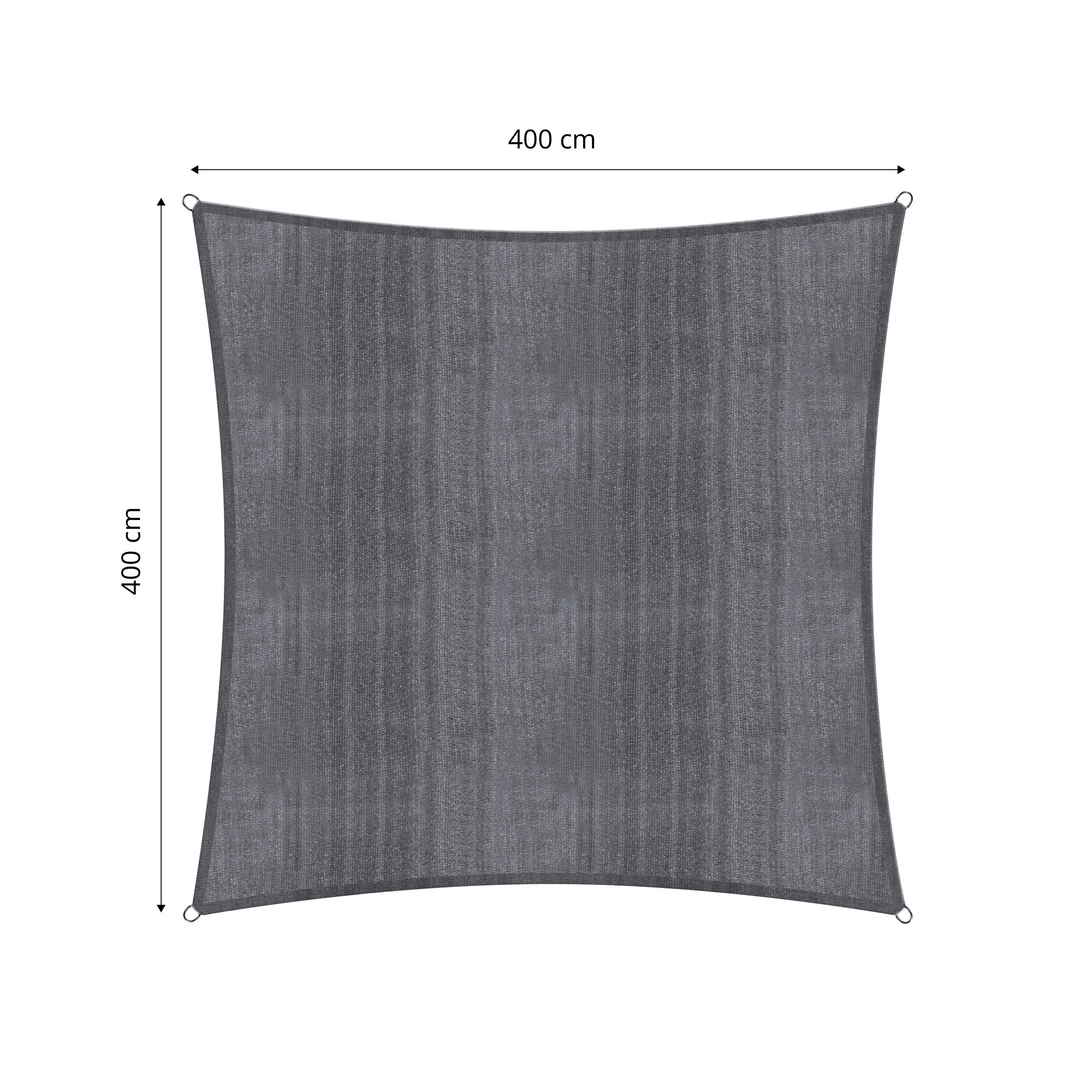 Sonnensegel 100% HDPE mit Stabilisator, Quadrat 4x4 Meter, Dunkelgrau, mit Eckringen für sicheren UV-Schutz und stabile Befestigung.