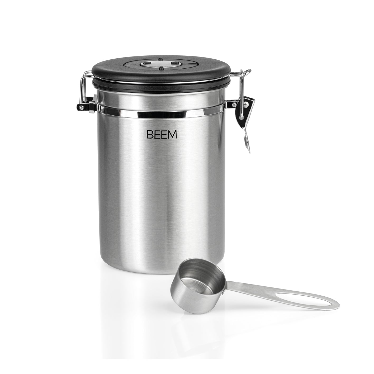 KAFFEEDOSE Vorratsdose mit Dosierlöffel - 1,9 l, luftdichter Edelstahlbehälter mit Frischeschutzventil und einstellbarem Einfülldatum.