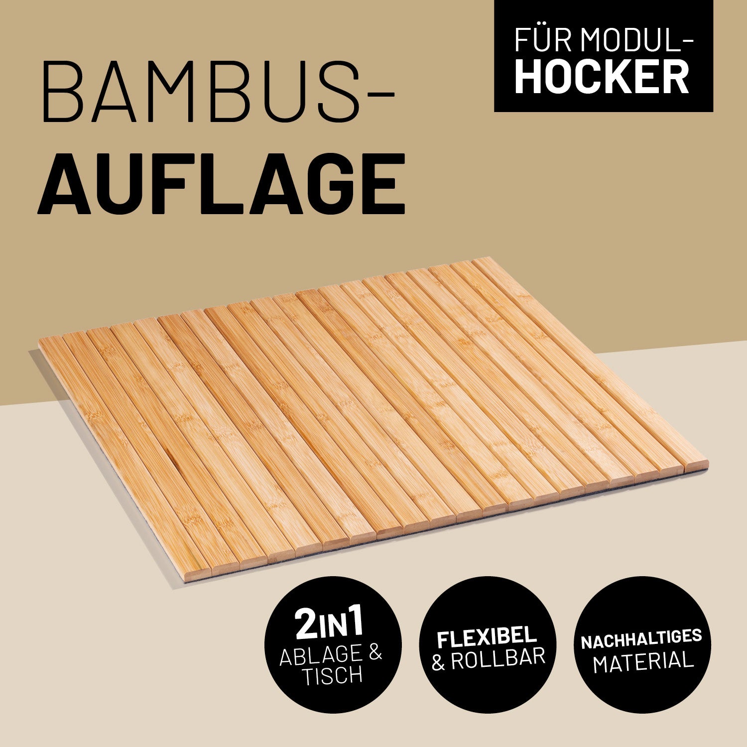 Bambusauflage für Modular-Hocker 54x50x1 cm, rollbar, flexibel, mit Antirutschschicht, als Tisch oder Ablage nutzbar, pflegeleicht.
