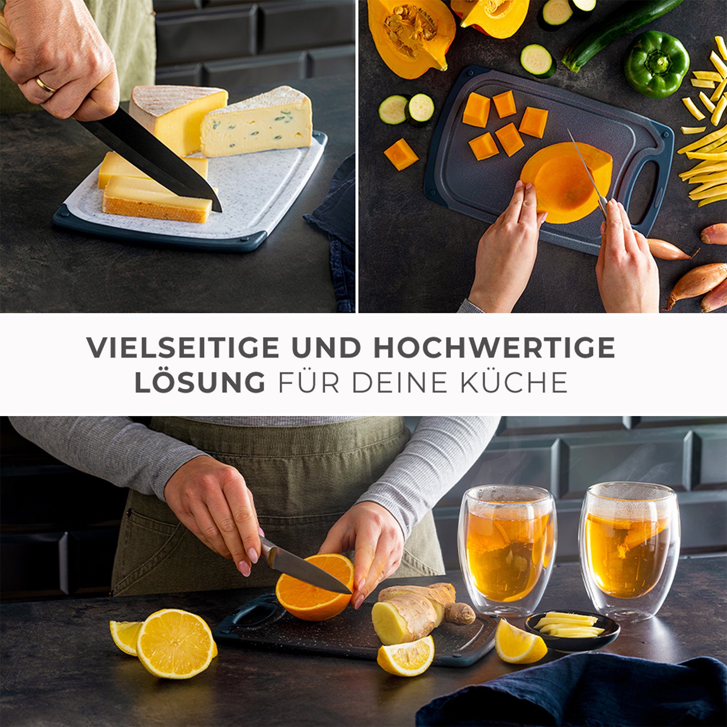 Frühstücksbrettchen - 3er-Set - Marmoroptik Schwarz, rutschfest, antibakteriell, mit Saftrille, vielseitig für Schneiden und Servieren.