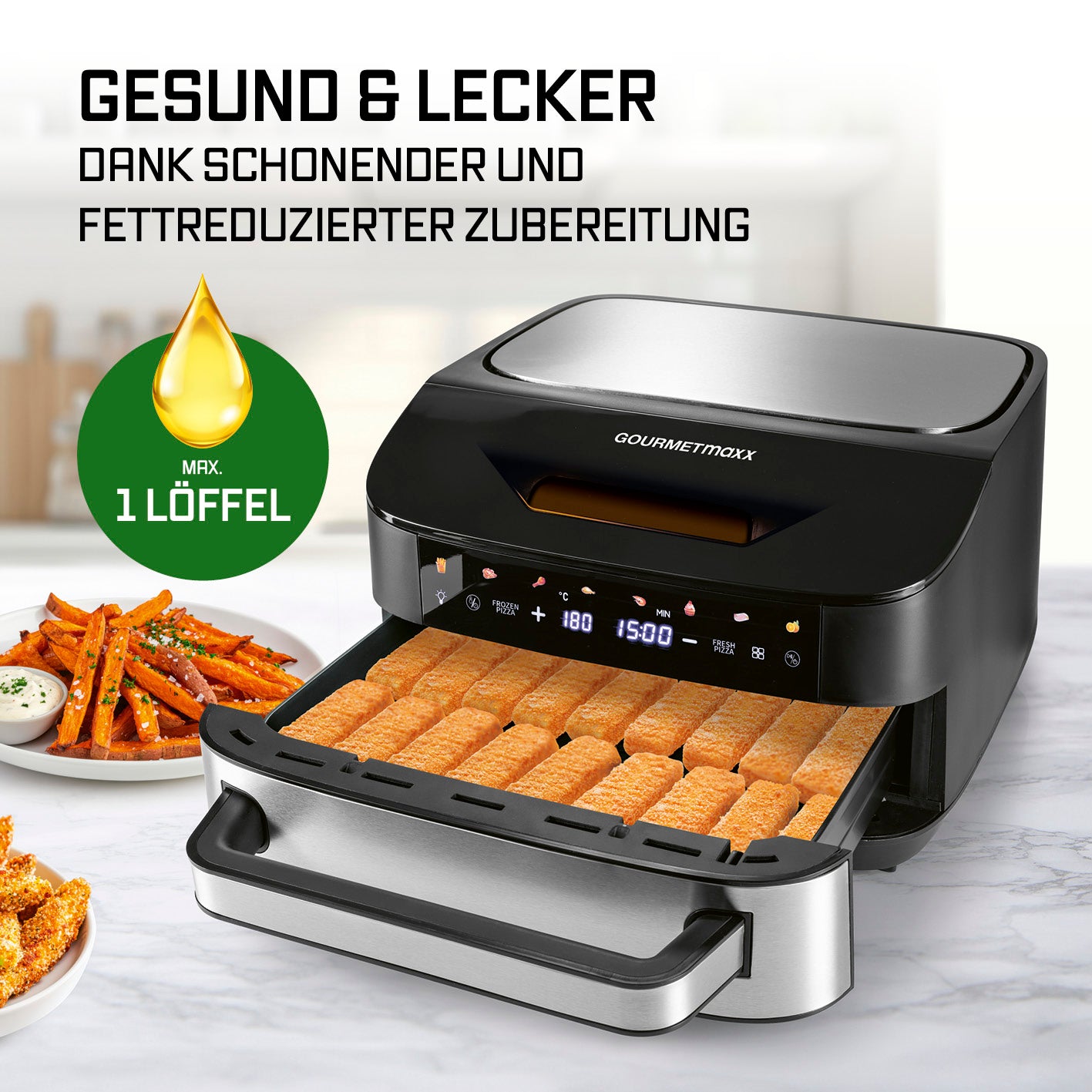 Heißluftfritteuse mit XXL-Garfläche - 7 Liter mit 10 Zoll LED-Touchscreen, 360°-Luftstrom und fettarmer Zubereitung.