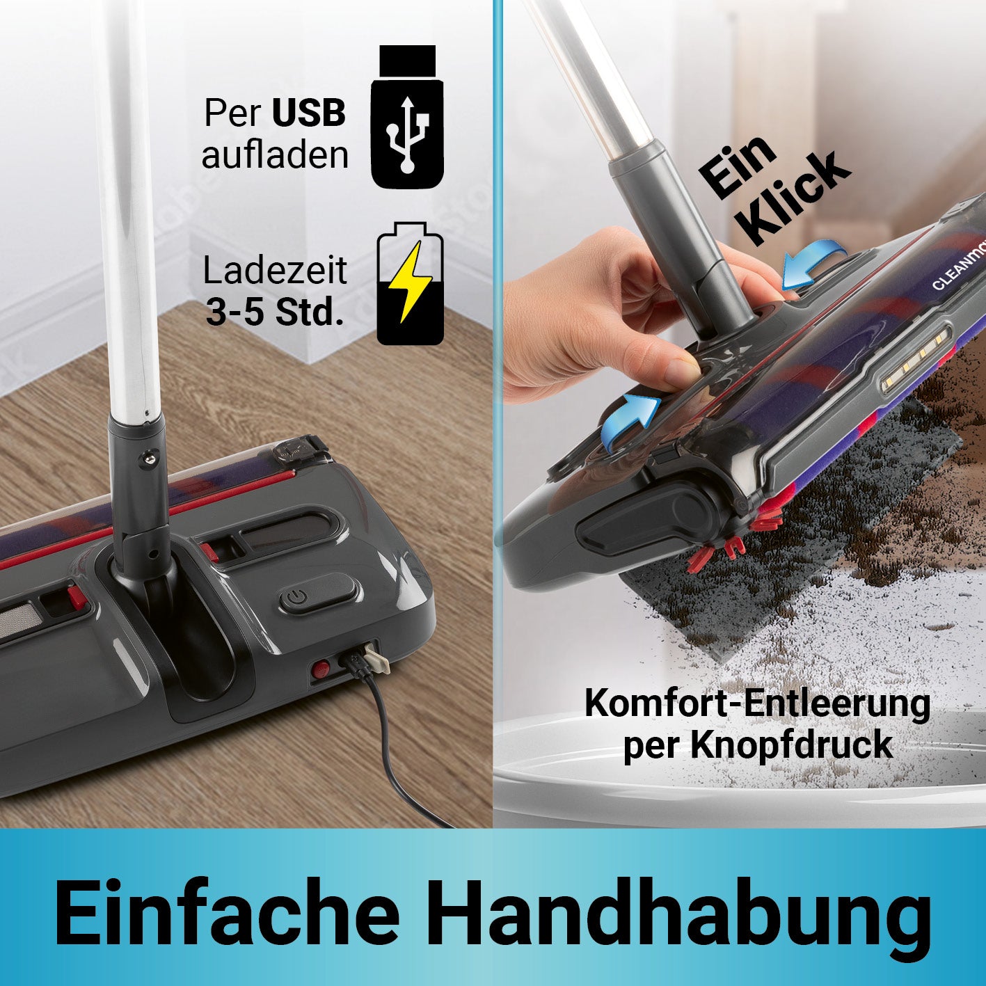 Akkubesen mit LED-Beleuchtung, USB aufladbar, 3-5 Std Ladezeit, komfortable Entleerung per Knopfdruck, einfache Handhabung.