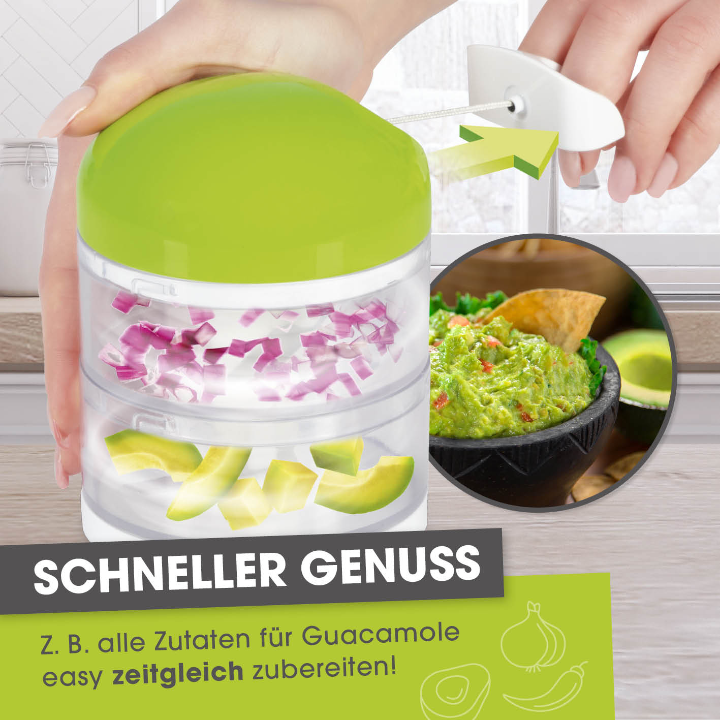 Multi-Zerkleinerer mit praktischem Zugmechanismus & 2 getrennten Behältern zum gleichzeitigen Zerkleinern verschiedener Zutaten.