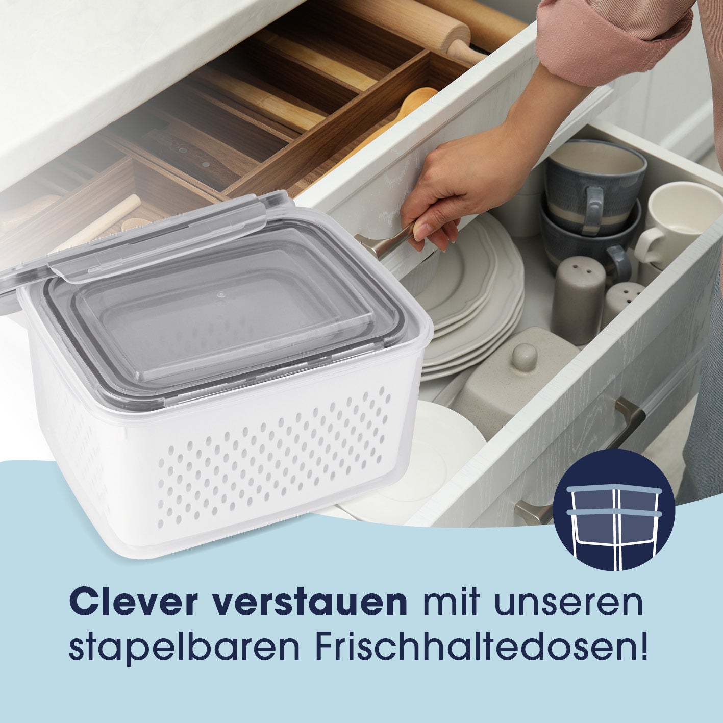 Frischhaltedosen für Kühlschrank mit Abtropfsieb, stapelbar, luftdicht und auslaufsicher für aromafrische Lebensmittelaufbewahrung.