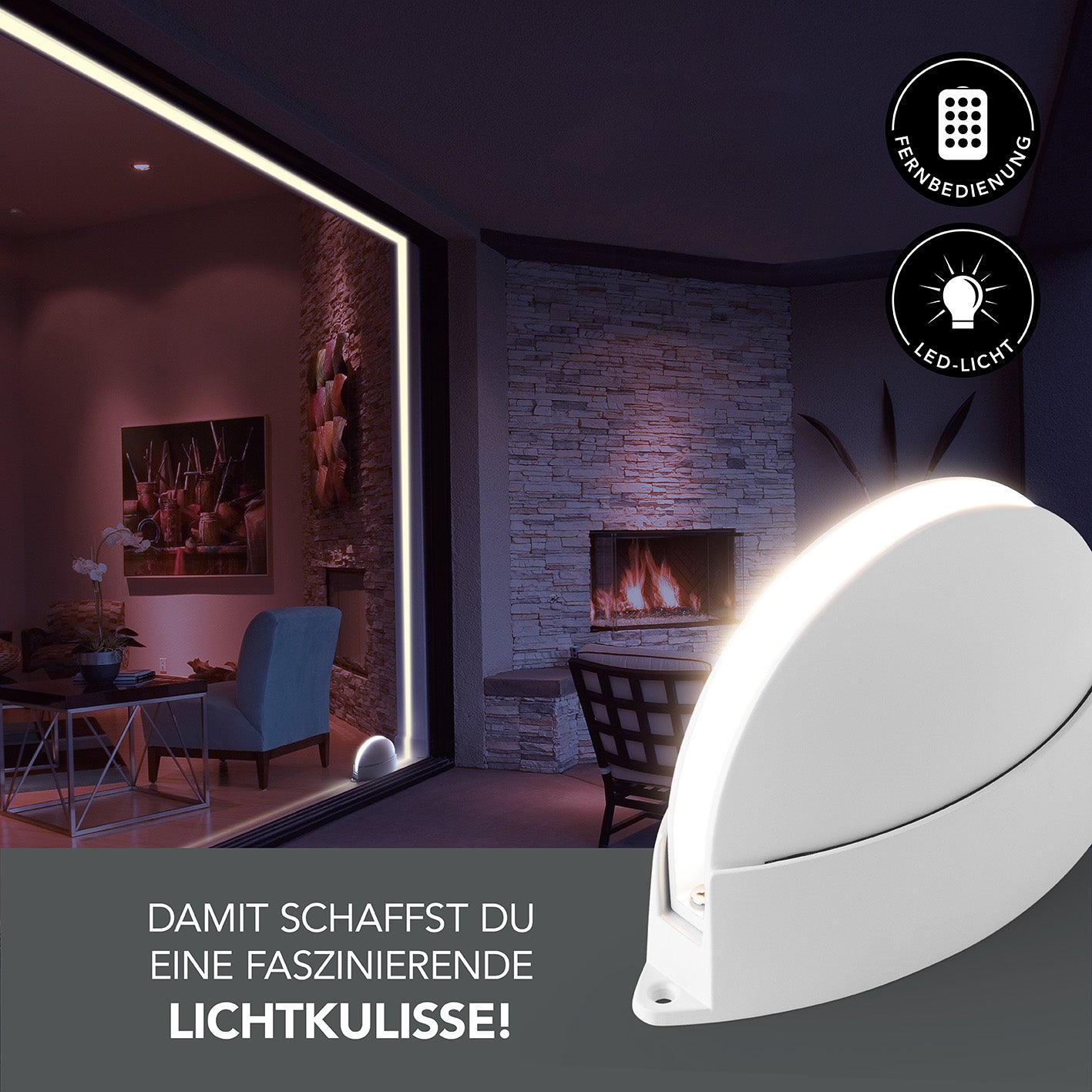 LED-Rahmen-Projektor - weiß erzeugt warmweißen Lichtrahmen mit 8 Leuchtmodi, steuerbar per Fernbedienung, ideal für Innenräume und Wände.