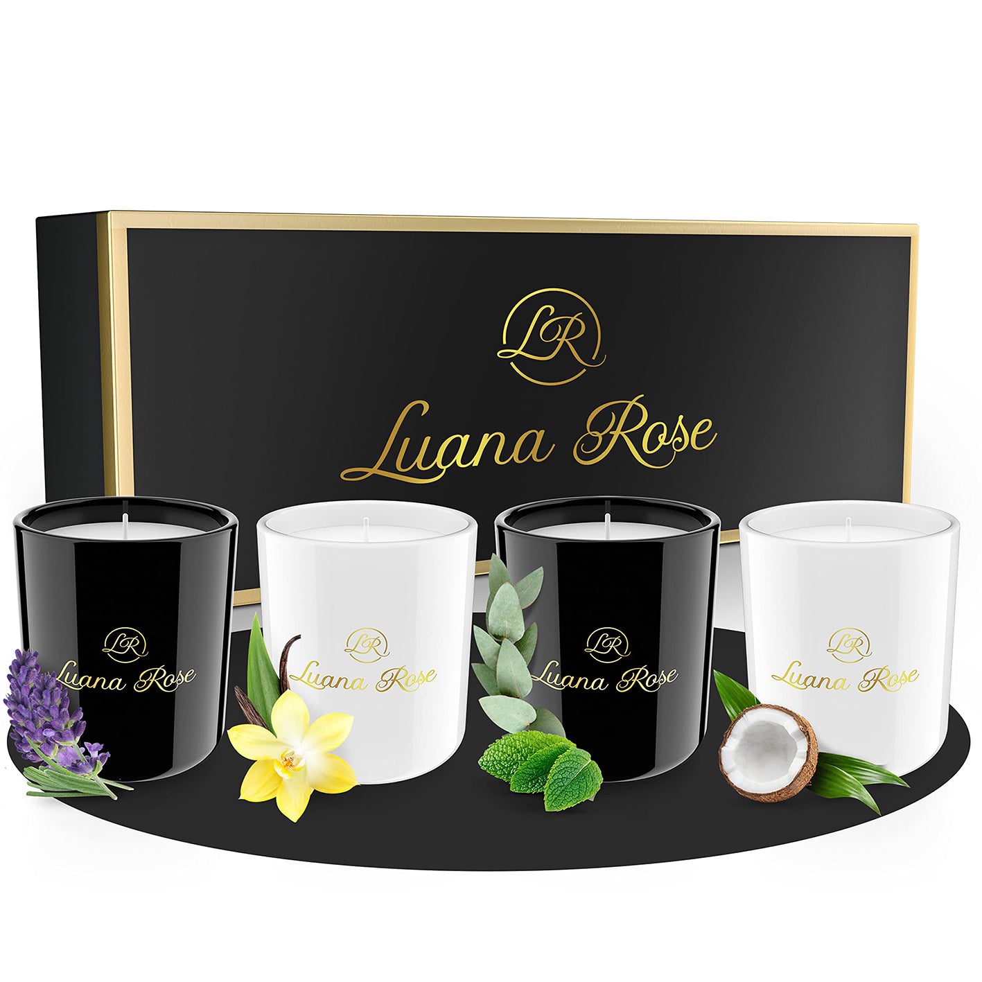 Duftkerzen Geschenkset - 4er-Set Lavendel, Eucalyptus Lemongras, Vanille & Kokosnuss in edler Luana Rose Geschenkbox.