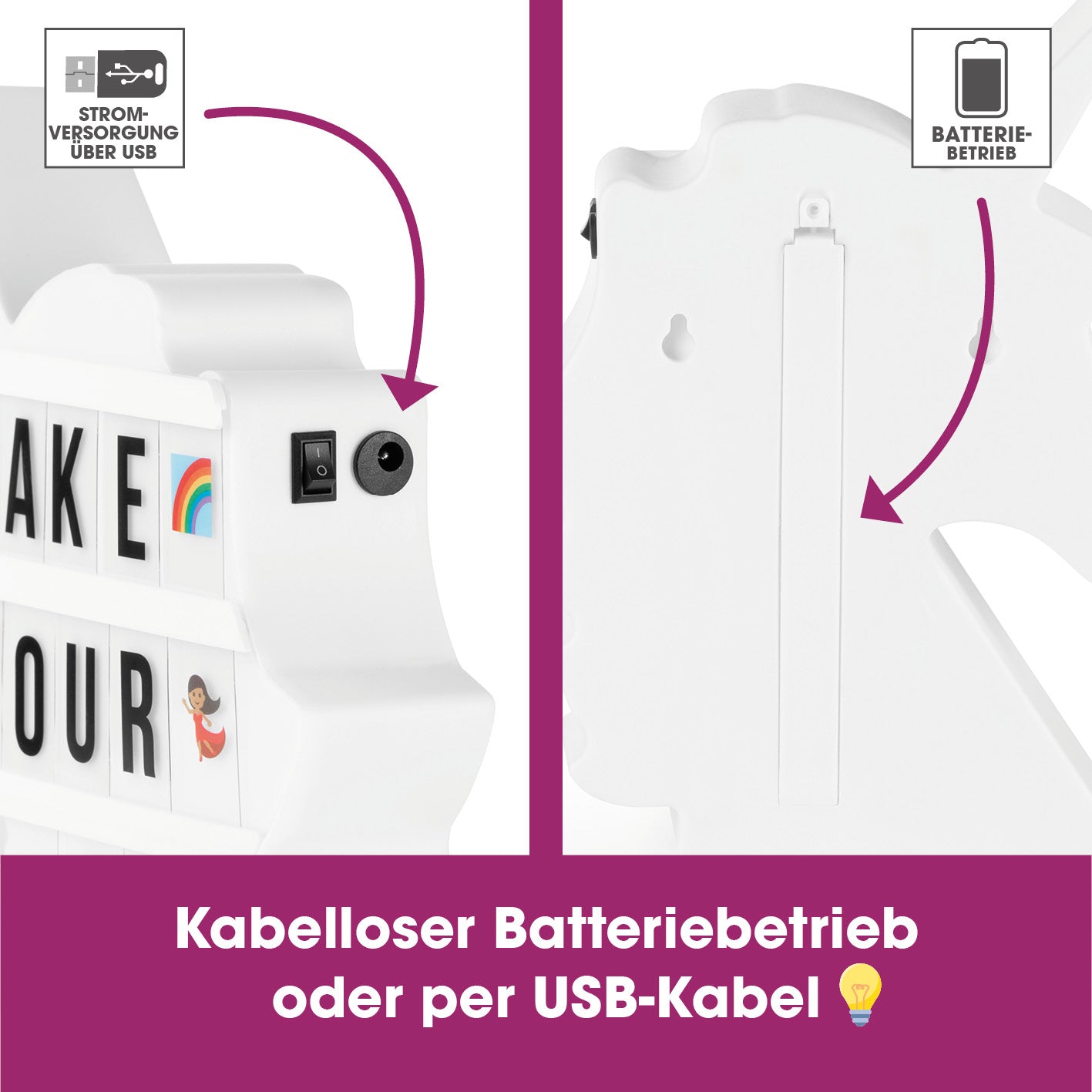 LED-Leuchtkasten Einhorn - 173 Buchstaben & 150 Moodjis mit kabellosem Batteriebetrieb oder Stromversorgung über USB-Kabel.