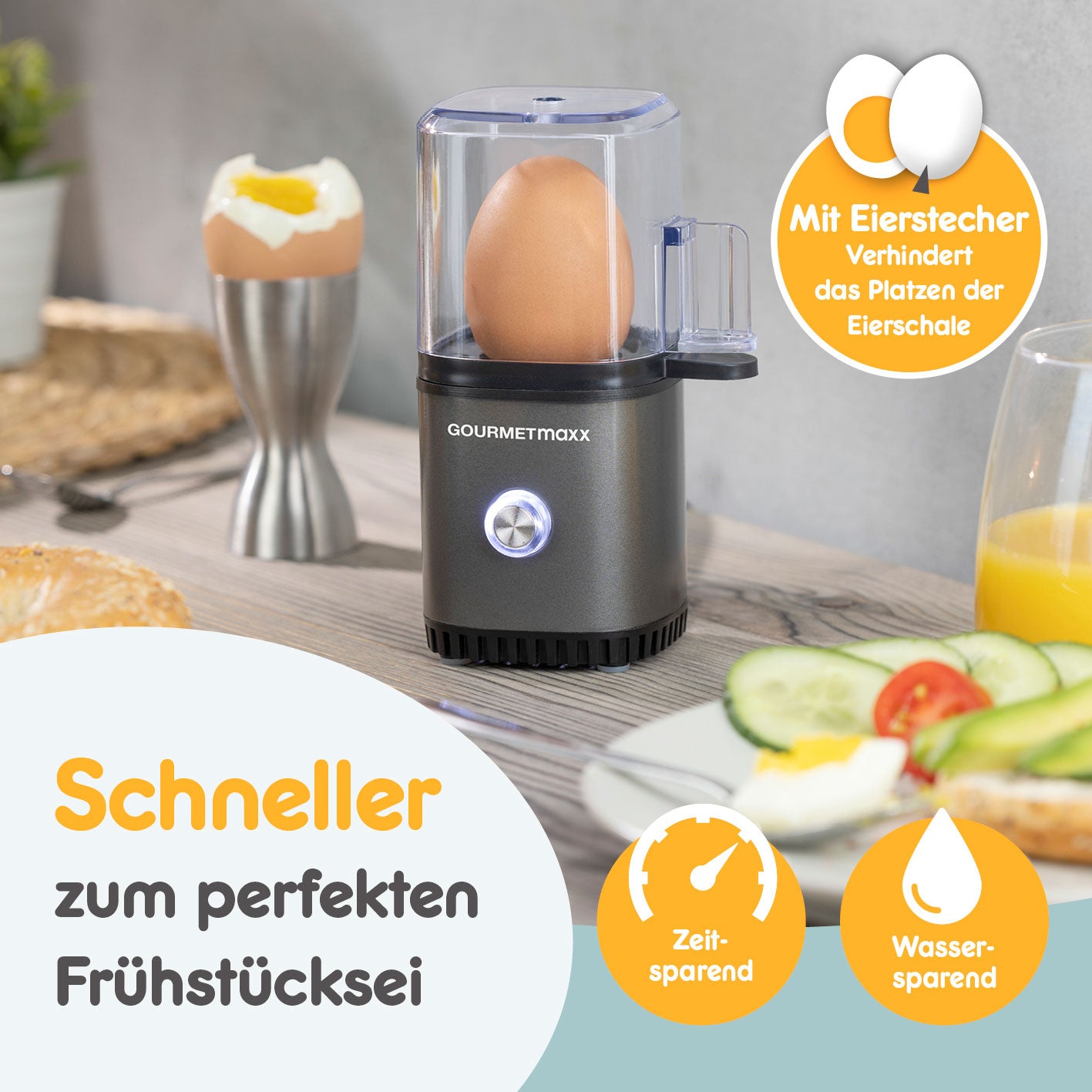 Design-Eierkocher 1 Ei - Anthrazit mit Eierstecher, kompakt, zeitsparend und wassersparend für das perfekte Frühstücksei.