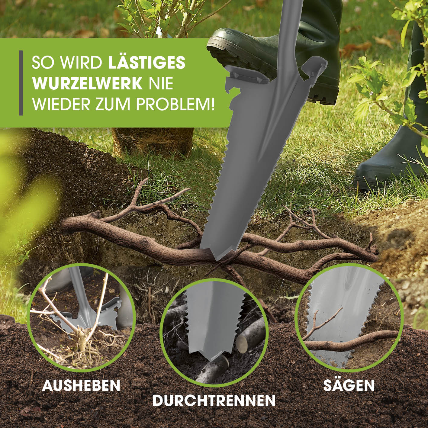 Spaten- & Wurzelsäge - 114 cm mit V-Klingenspitze, Trittkante und multifunktionalem Einsatz für Wurzelwerk und Erde.