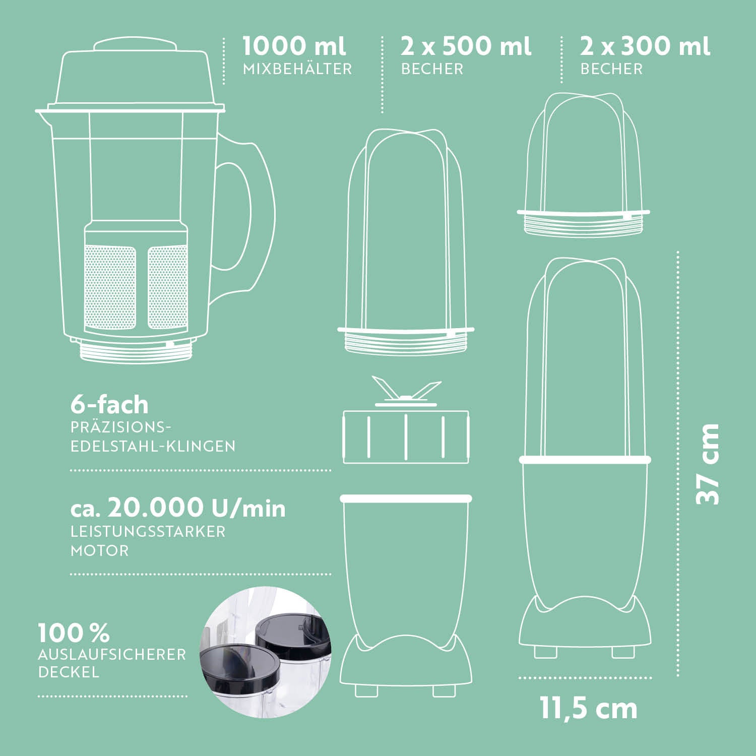 Mr. Magic Mixer - Silber/Schwarz 18-tlg. Set mit 6-fach Edelstahlklingen, 400 W Motor, Mixbehältern und auslaufsicheren Deckeln.