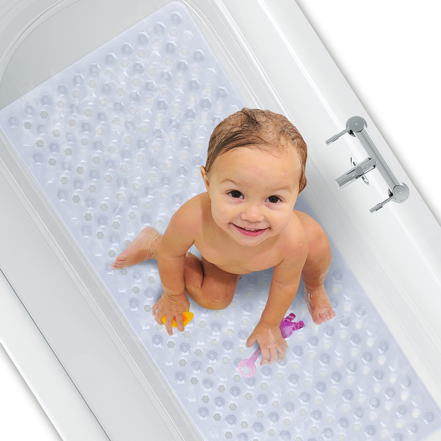 Badewannenmatte 88 x 40 cm – Transparent mit rutschfester Struktur und Saugnäpfen für sicheren Halt in der Badewanne.